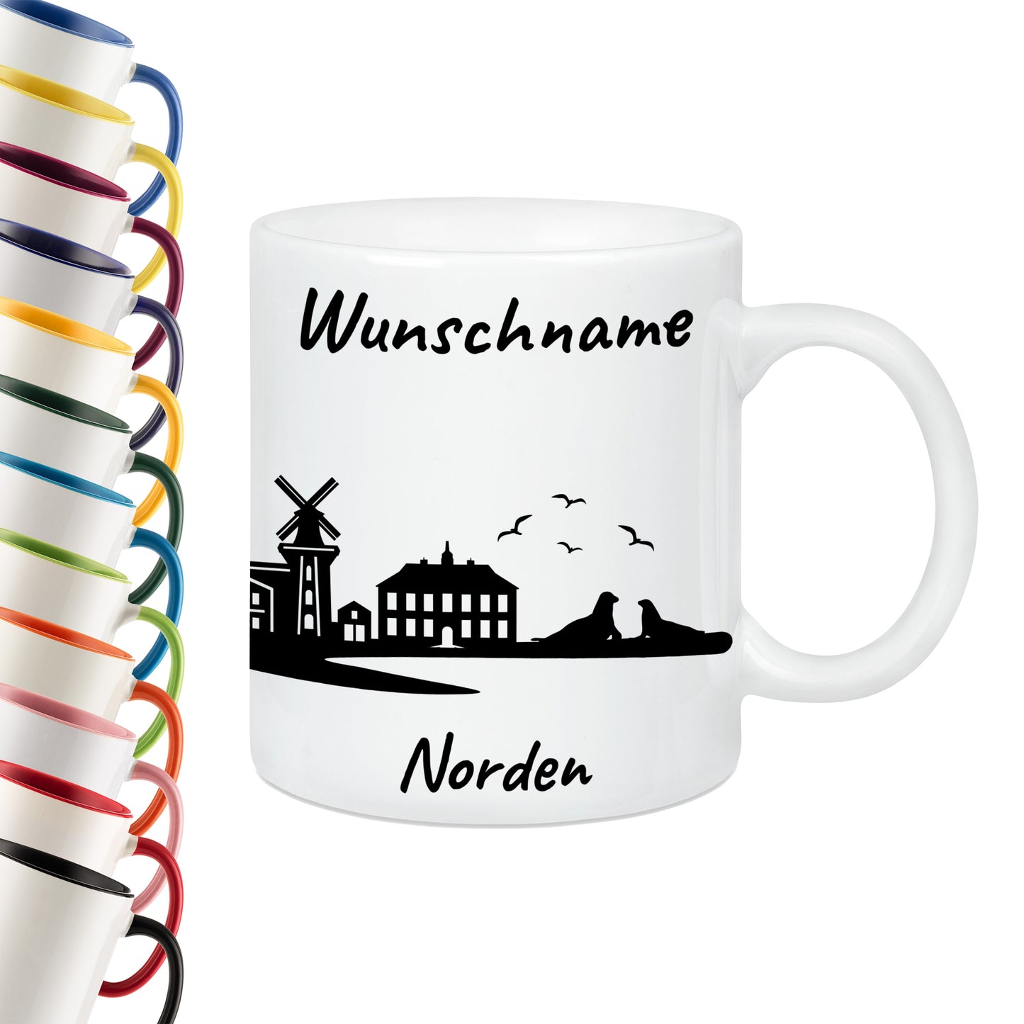 Tasse in Weiß 330ml bedruckt mit der Skyline von Norden personalisierbar mit Wunschname