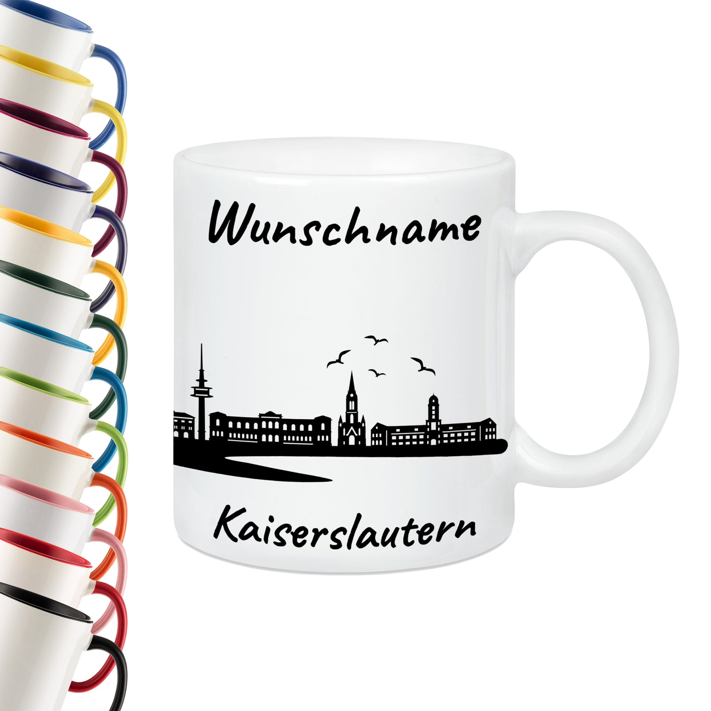 Tasse in Weiß 330ml bedruckt mit der Skyline von Kaiserslautern personalisierbar mit Wunschname