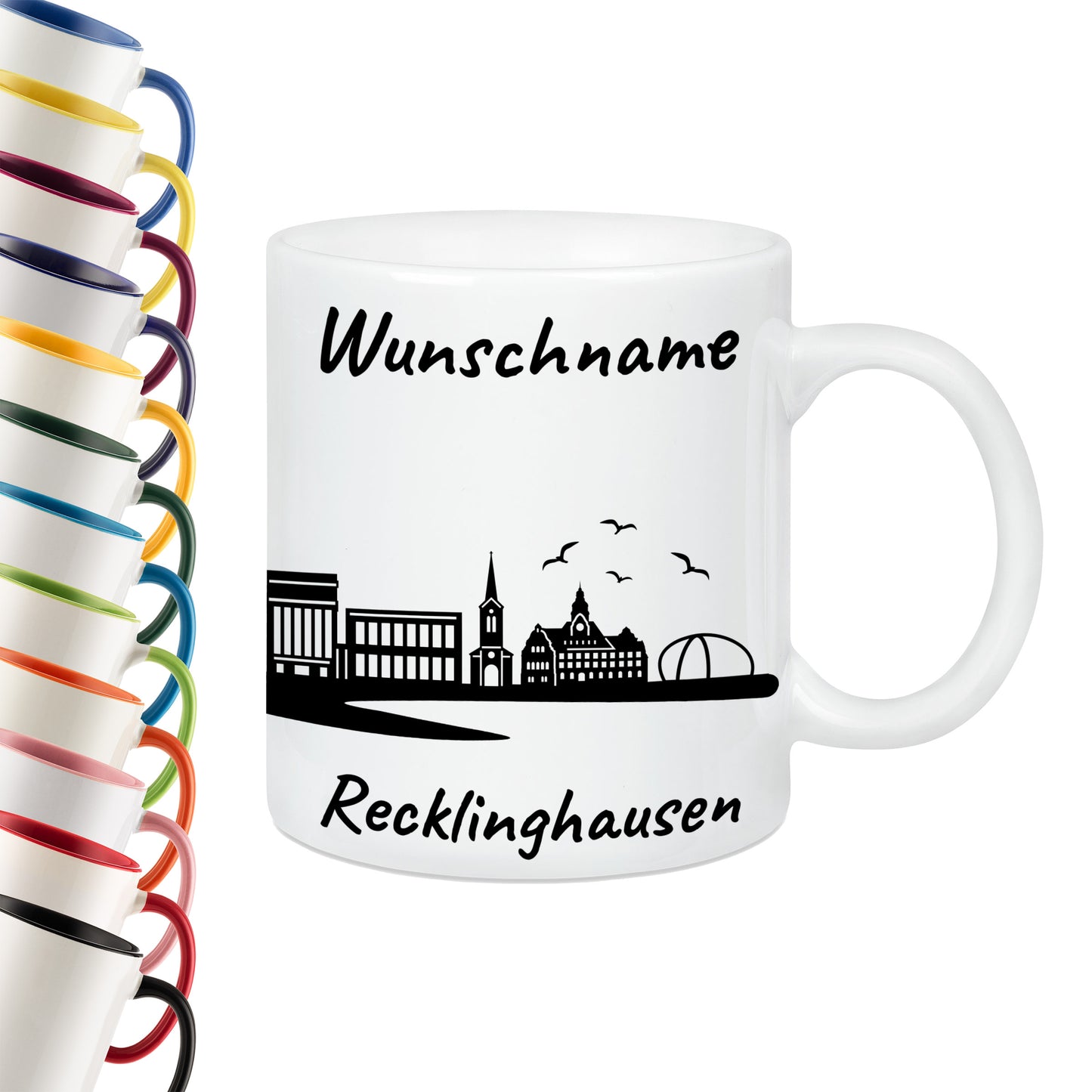 Tasse in Weiß 330ml bedruckt mit der Skyline von Recklinghausen personalisierbar mit Wunschname