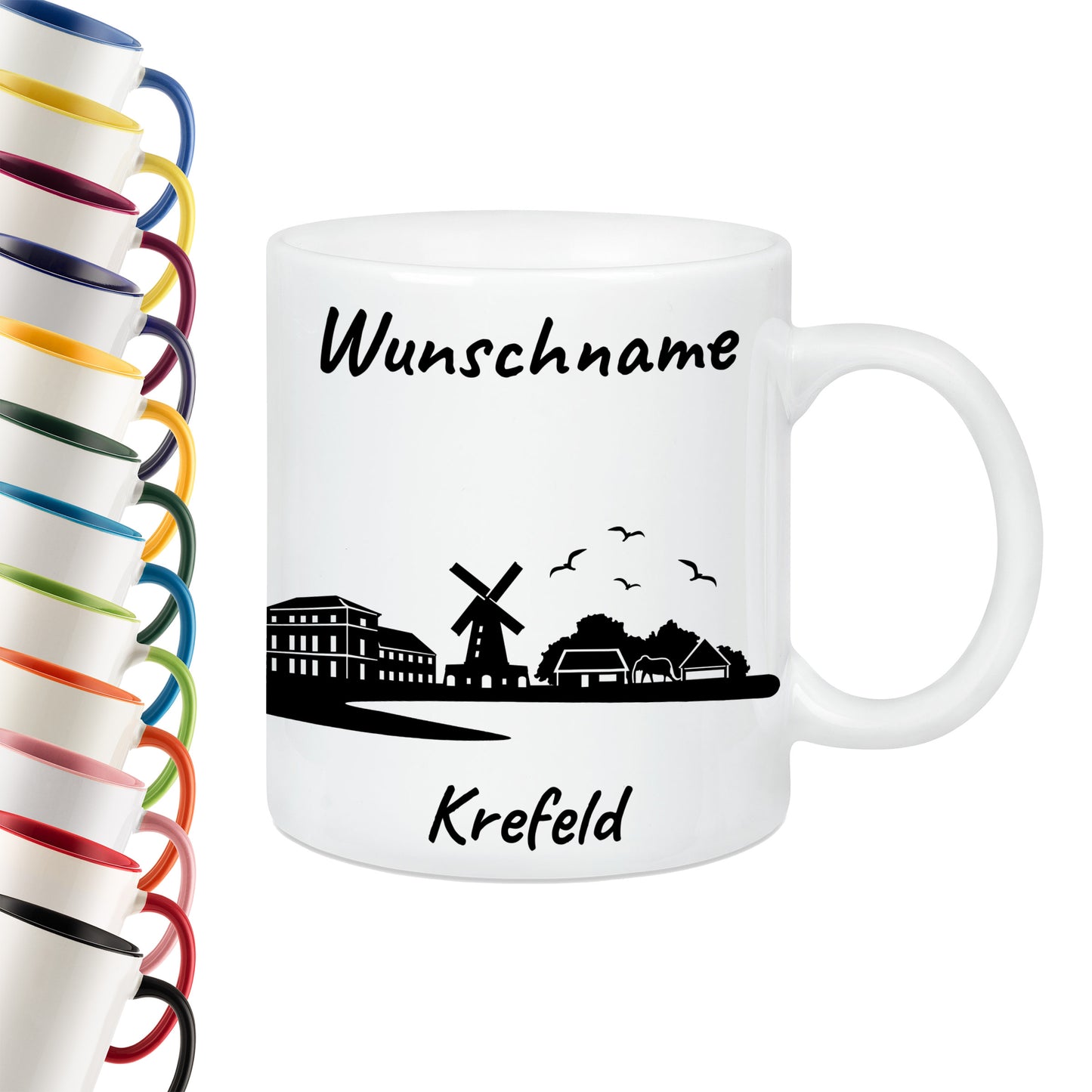 Tasse in Weiß 330ml bedruckt mit der Skyline von Krefeld personalisierbar mit Wunschname
