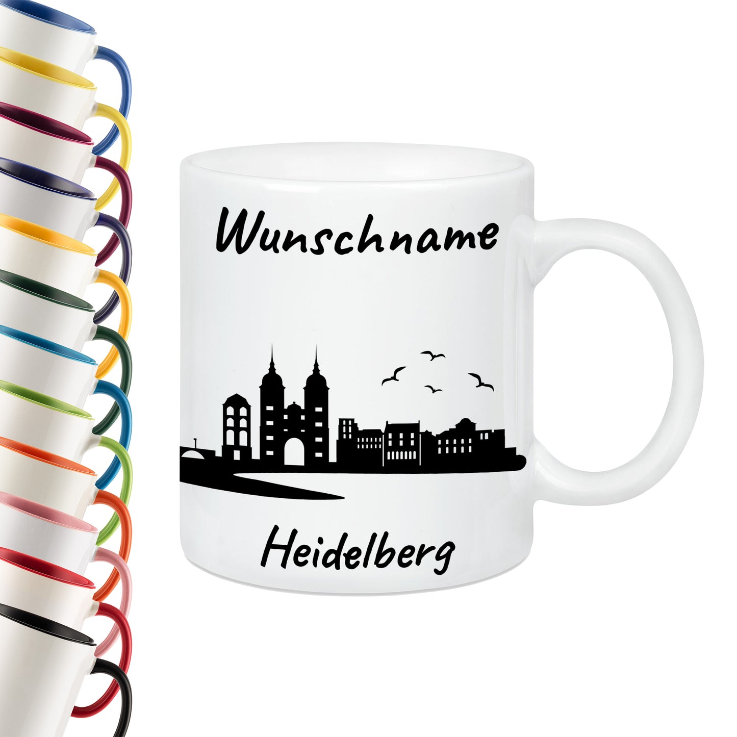 Tasse in Weiß 330ml bedruckt mit der Skyline von Heidelberg personalisierbar mit Wunschname