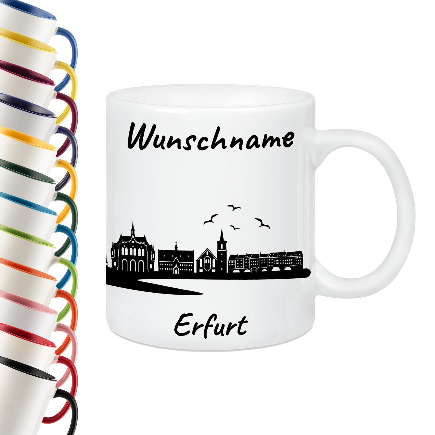 Tasse in Weiß 330ml bedruckt mit der Skyline von Erfurt personalisierbar mit Wunschname