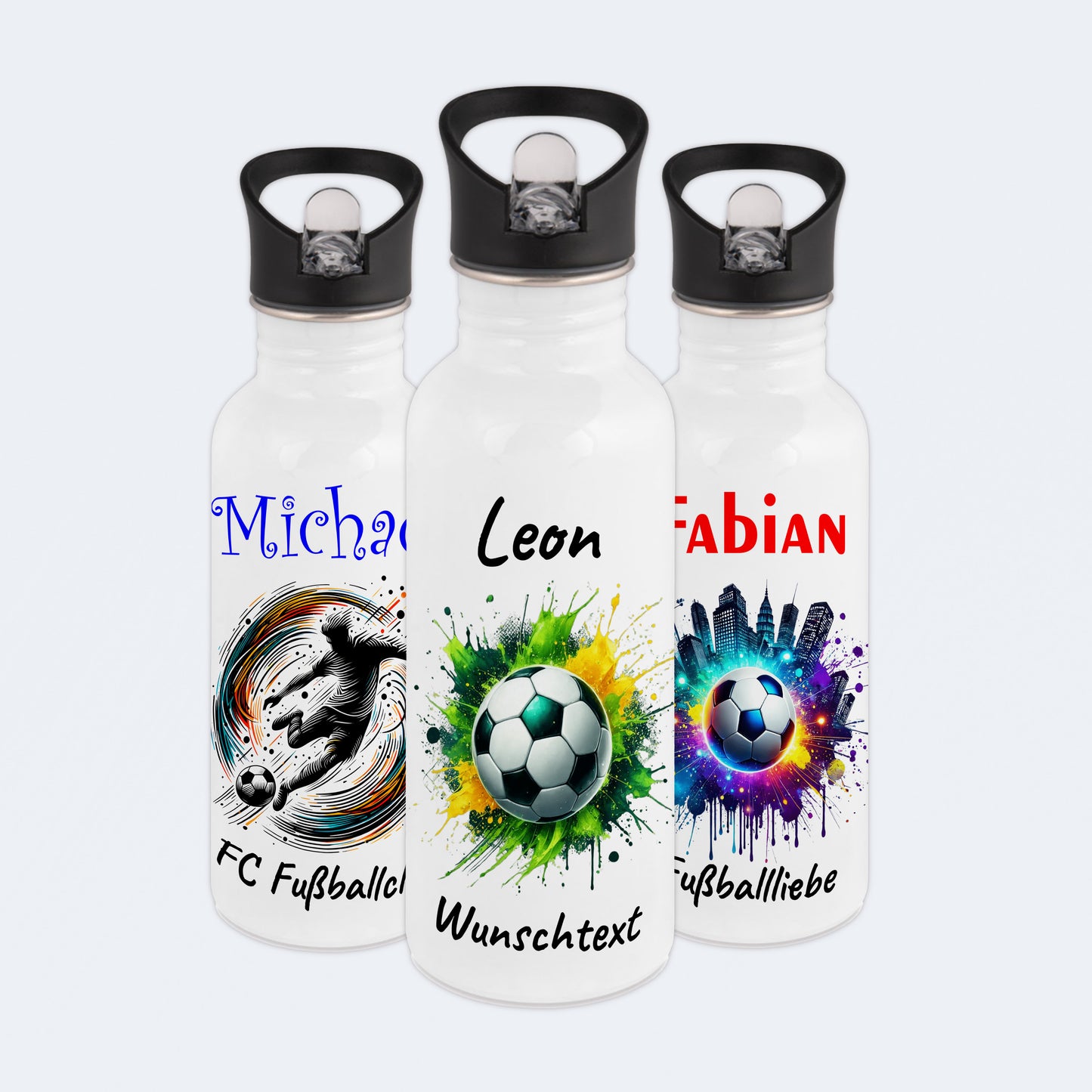 Trinkflasche mit Strohhalm in Weiß 600ml bedruckt mit Fußball Motiven"Motiv11" personalisierbar für Kinder mit Wunschname aus Edelstahl