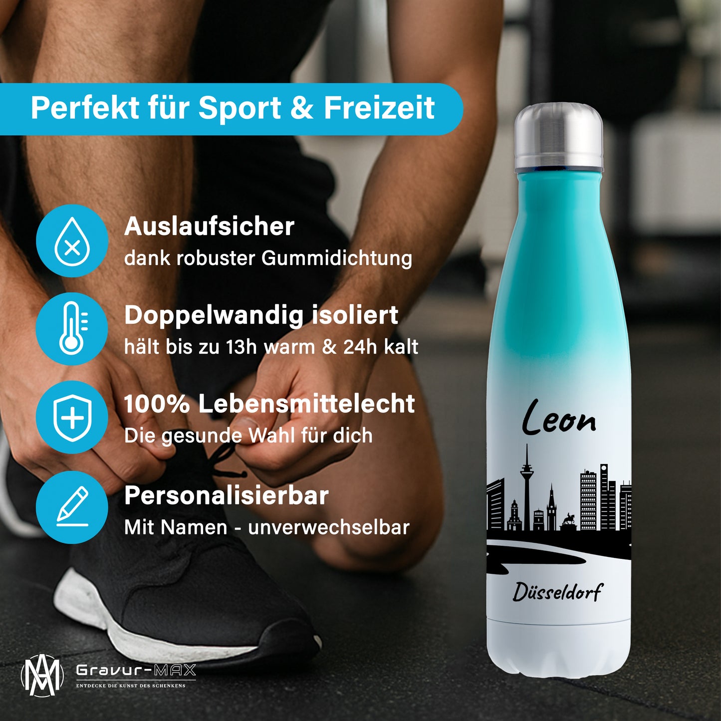 Trinkflasche in Weiß/Mint 500ml aus Edelstahl bedruckt mit der Skyline von Düsseldorf personalisierbar mit Wunschname
