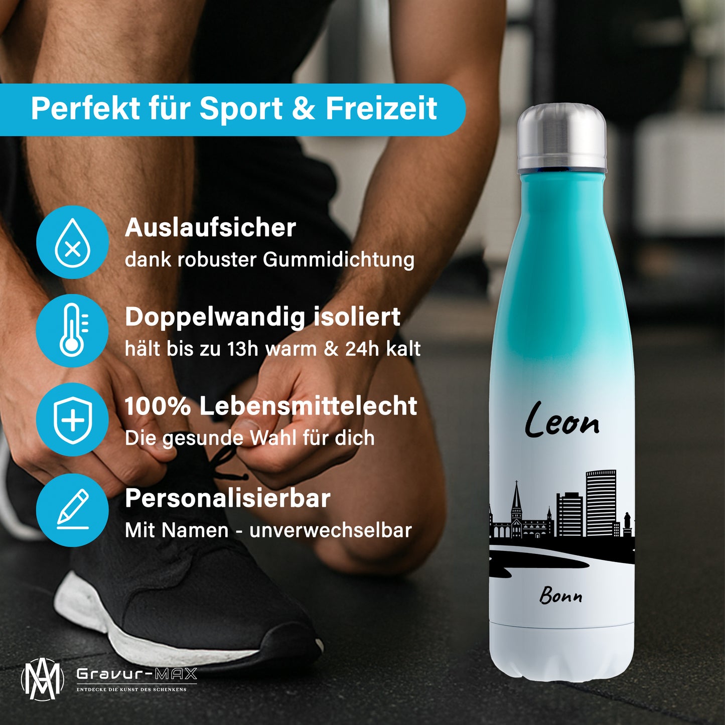 Trinkflasche in Weiß/Mint 500ml aus Edelstahl bedruckt mit der Skyline von Bonn personalisierbar mit Wunschname