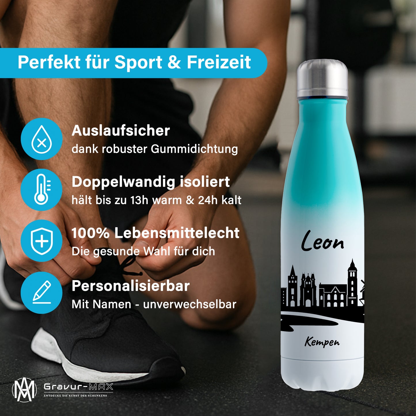 Trinkflasche in Weiß/Mint 500ml aus Edelstahl bedruckt mit der Skyline von Kempen personalisierbar mit Wunschname