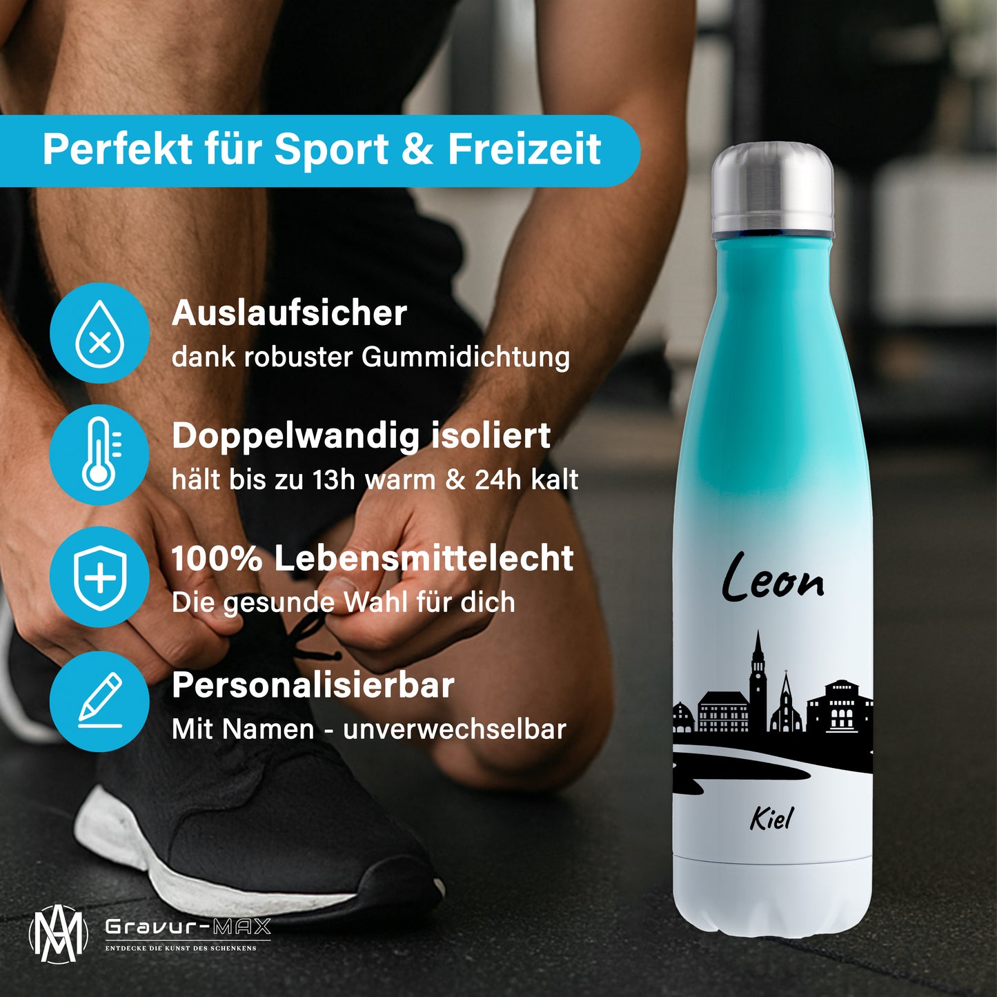 Trinkflasche in Weiß/Mint 500ml aus Edelstahl bedruckt mit der Skyline von Kiel personalisierbar mit Wunschname