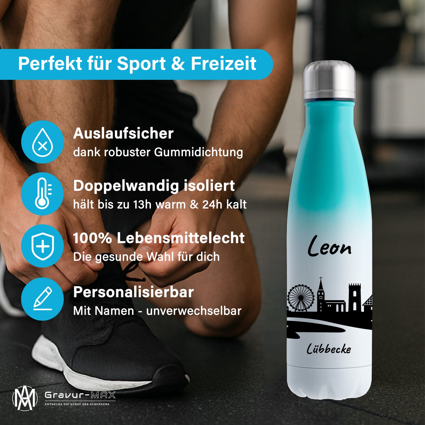 Trinkflasche in Weiß/Mint 500ml aus Edelstahl bedruckt mit der Skyline von Lübbecke personalisierbar mit Wunschname