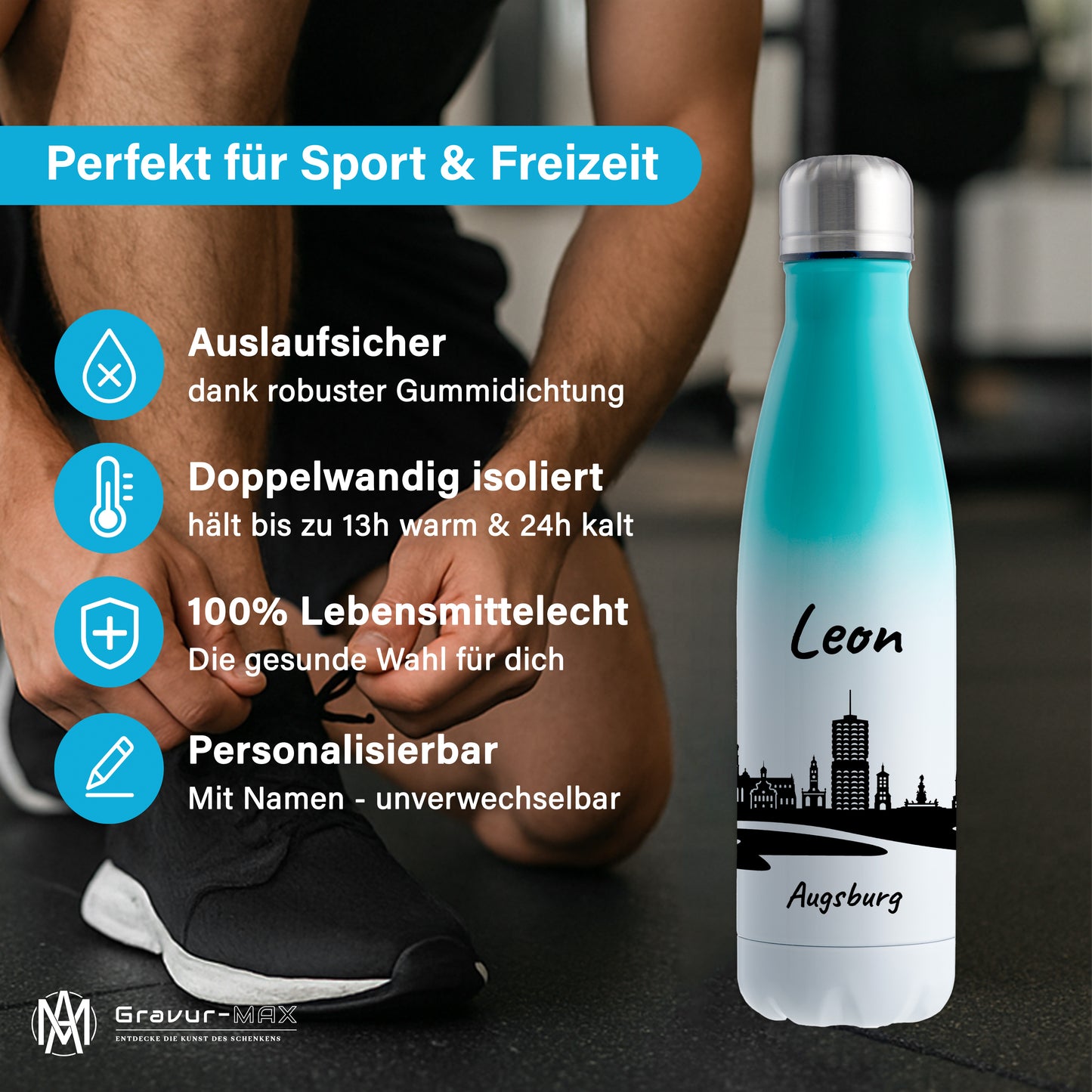 Trinkflasche in Weiß/Mint 500ml aus Edelstahl bedruckt mit der Skyline von Augsburg personalisierbar mit Wunschname