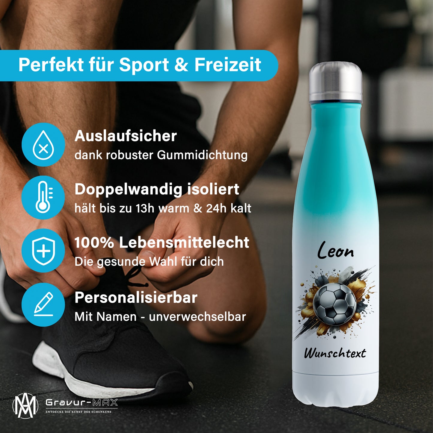 Thermoflasche 500ml in Weiß/Mint aus Edelstahl bedruckt "Fußball" Motiv13 personalisierbar mit Wunschname & Text