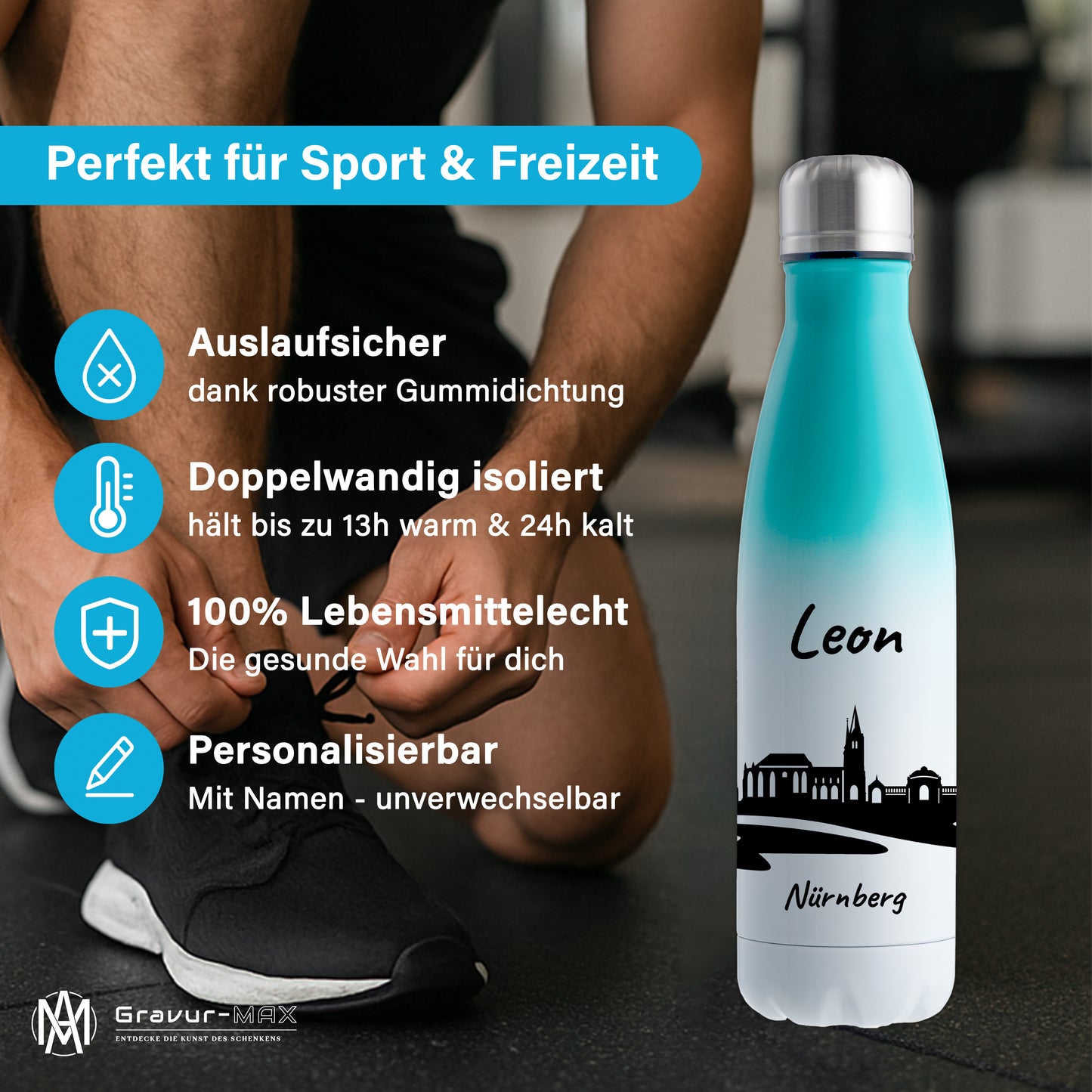 Trinkflasche in Weiß/Mint 500ml aus Edelstahl bedruckt mit der Skyline von Nürnberg personalisierbar mit Wunschname