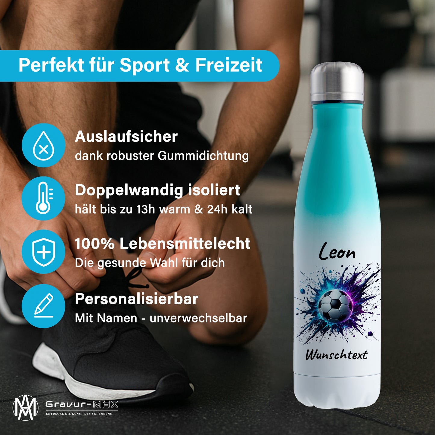 Thermoflasche 500ml in Weiß/Mint aus Edelstahl bedruckt "Fußball" Motiv10 personalisierbar mit Wunschname & Text