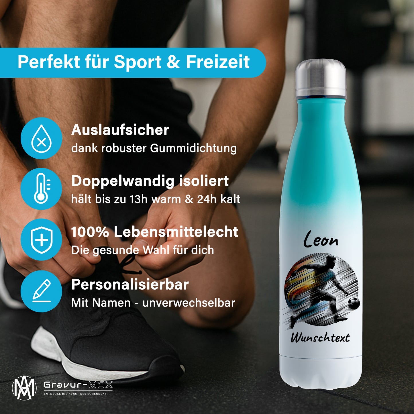 Thermoflasche 500ml in Weiß/Mint aus Edelstahl bedruckt "Fußball" Motiv2 personalisierbar mit Wunschname & Text