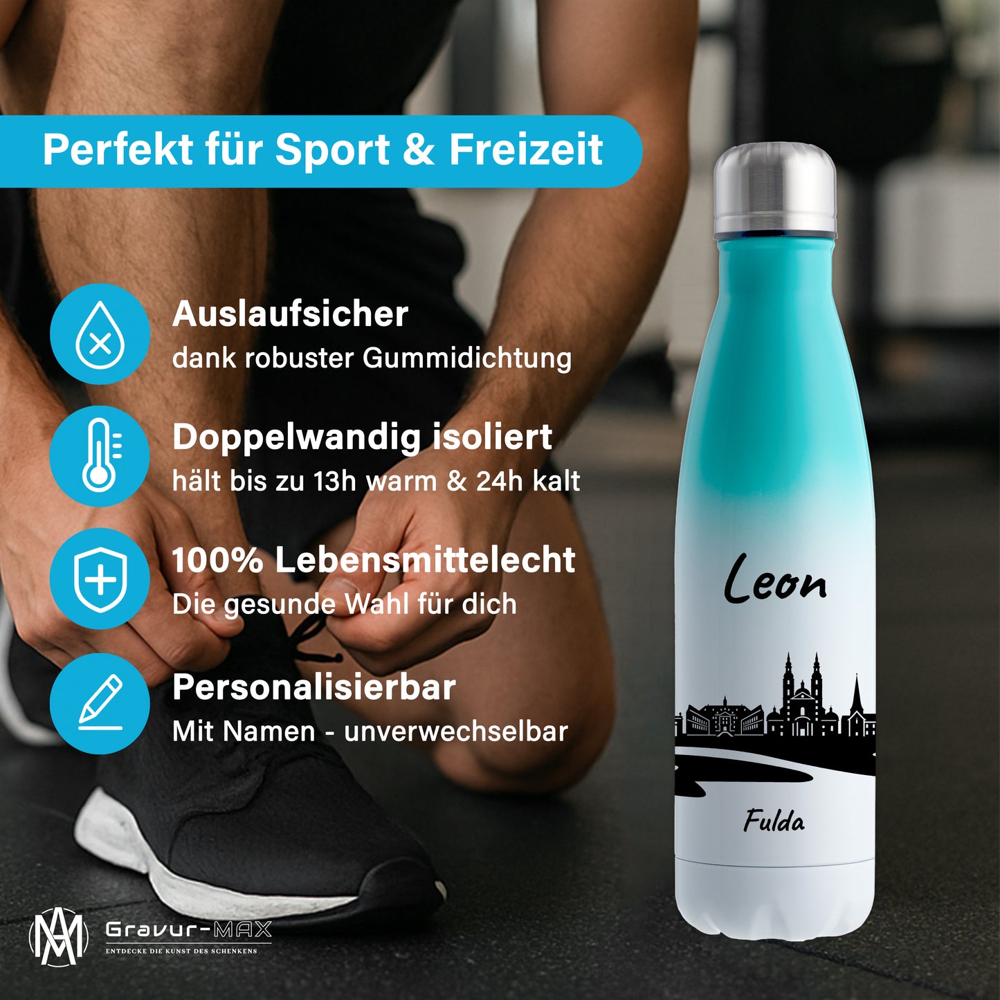 Trinkflasche in Weiß/Mint 500ml aus Edelstahl bedruckt mit der Skyline von Fulda personalisierbar mit Wunschname