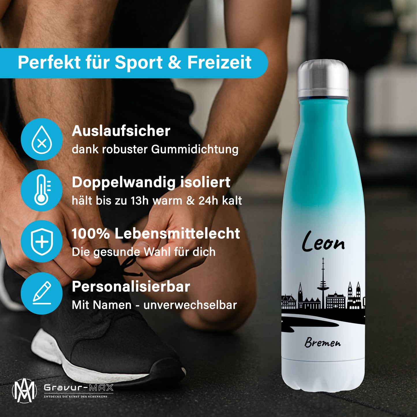 Trinkflasche in Weiß/Mint 500ml aus Edelstahl bedruckt mit der Skyline von Bremen personalisierbar mit Wunschname
