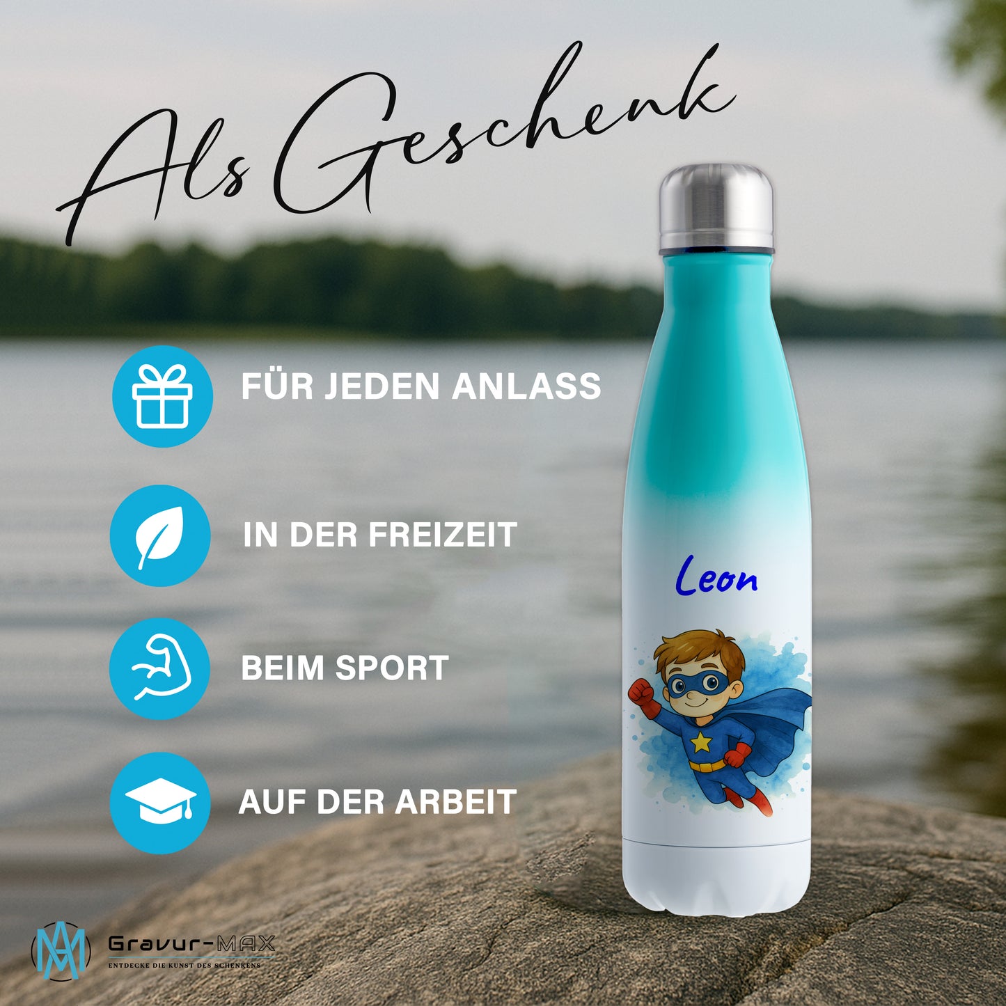 Thermoflasche 500ml in Weiß/Mint bedruckt mit tollen Motiven für Kinder "Superheld" personalisierbar mit Wunschname