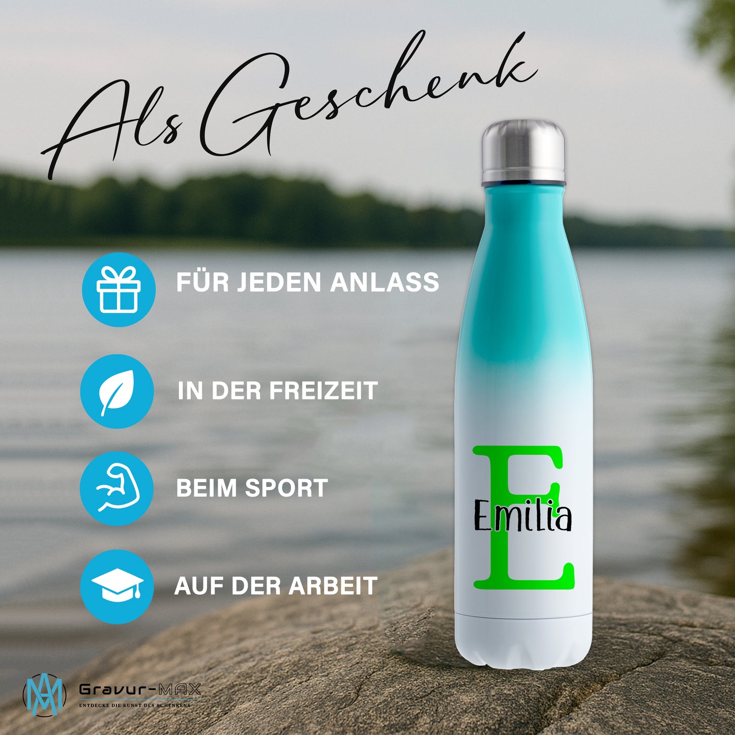 Thermoflasche 500ml aus Edelstahl in Weiß/Mint personalisierbar mit Wunschname auslaufsichere Trinkflasche