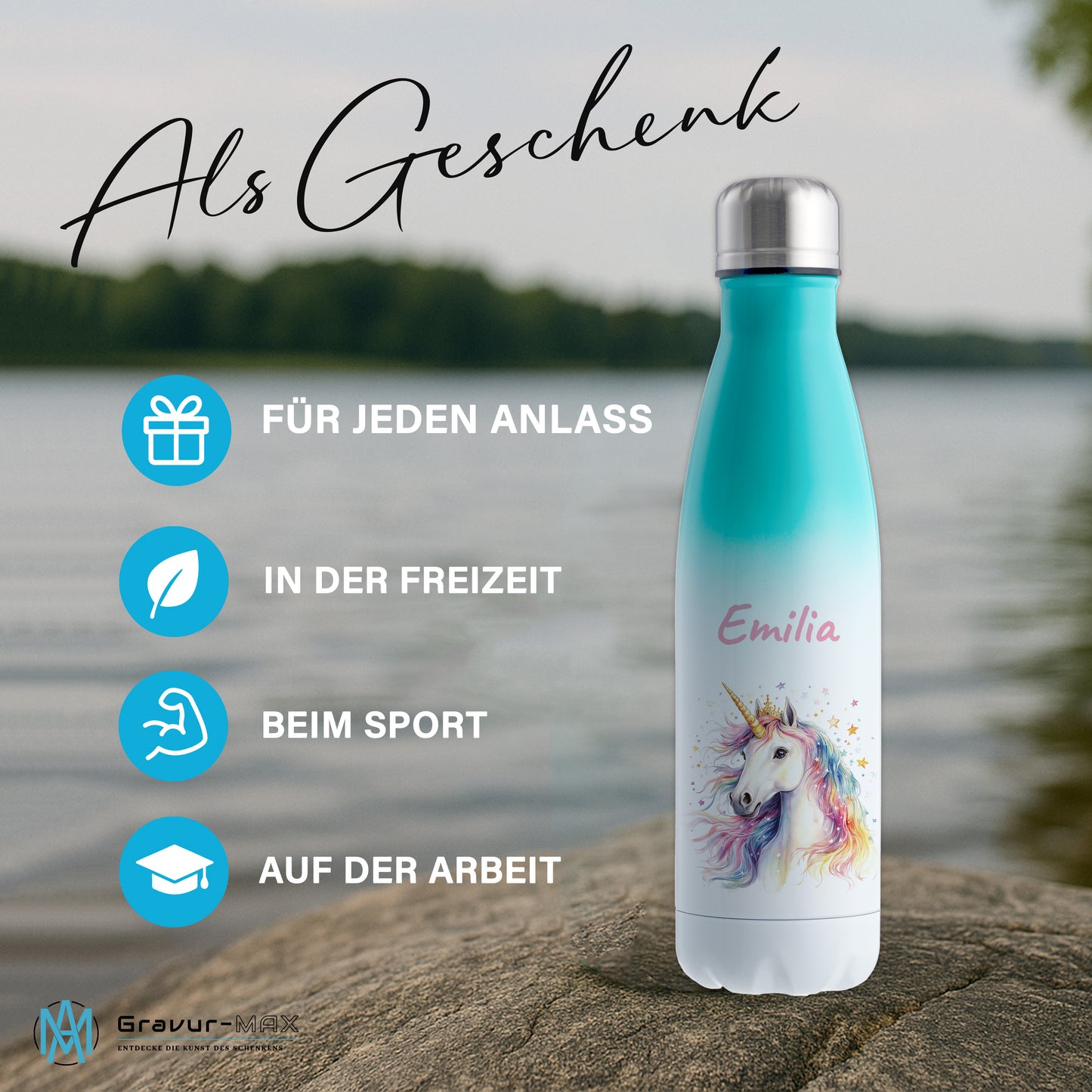 Thermoflasche 500ml in Weiß/Mint bedruckt mit tollen Motiven für Kinder "Einhorn" personalisierbar mit Wunschname