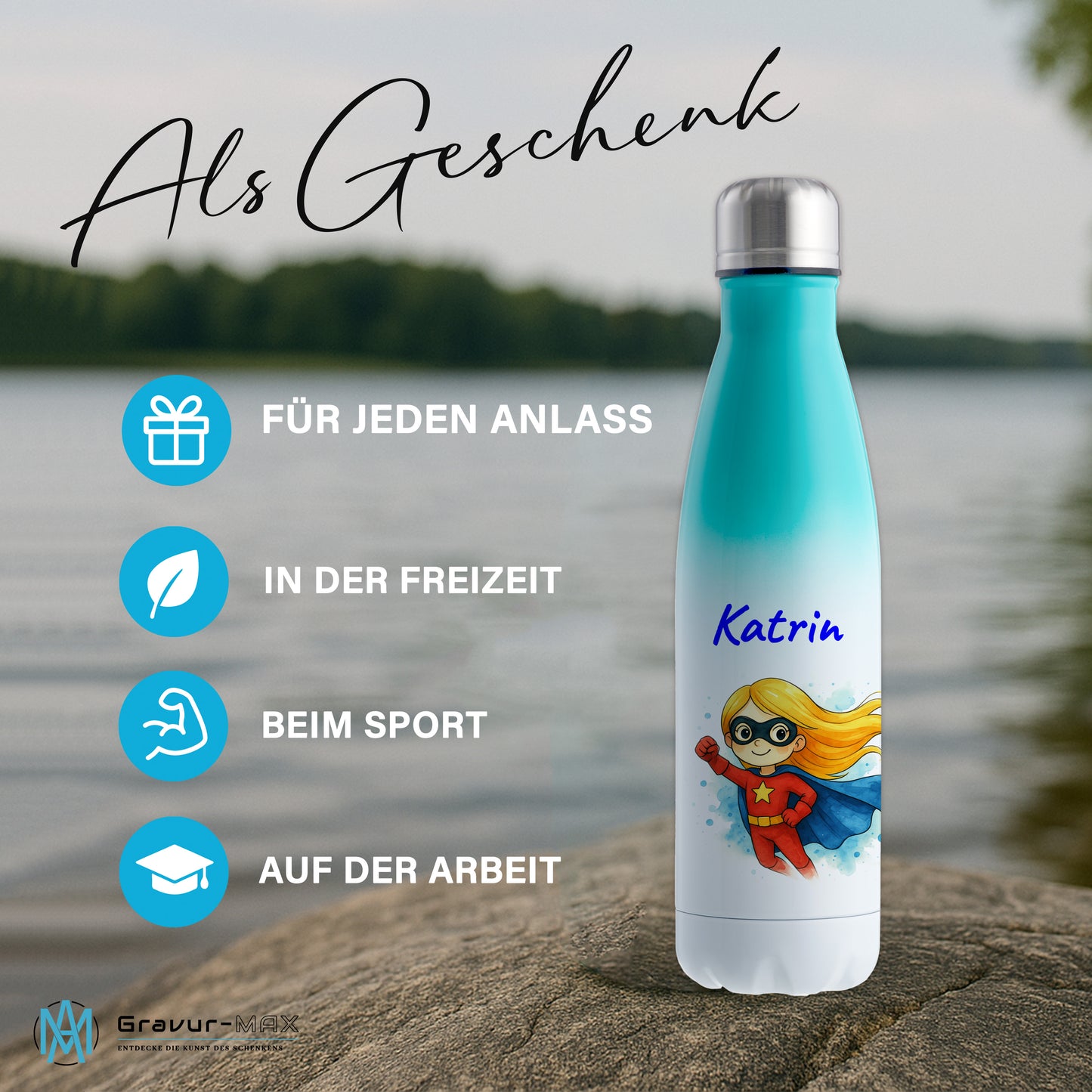 Thermoflasche 500ml in Weiß/Mint bedruckt mit tollen Motiven für Kinder "Superheldin" personalisierbar mit Wunschname
