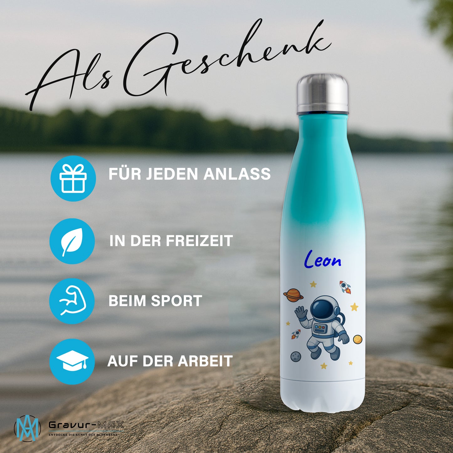 Thermoflasche 500ml in Weiß/Mint bedruckt mit tollen Motiven für Kinder "Astronaut" personalisierbar mit Wunschname