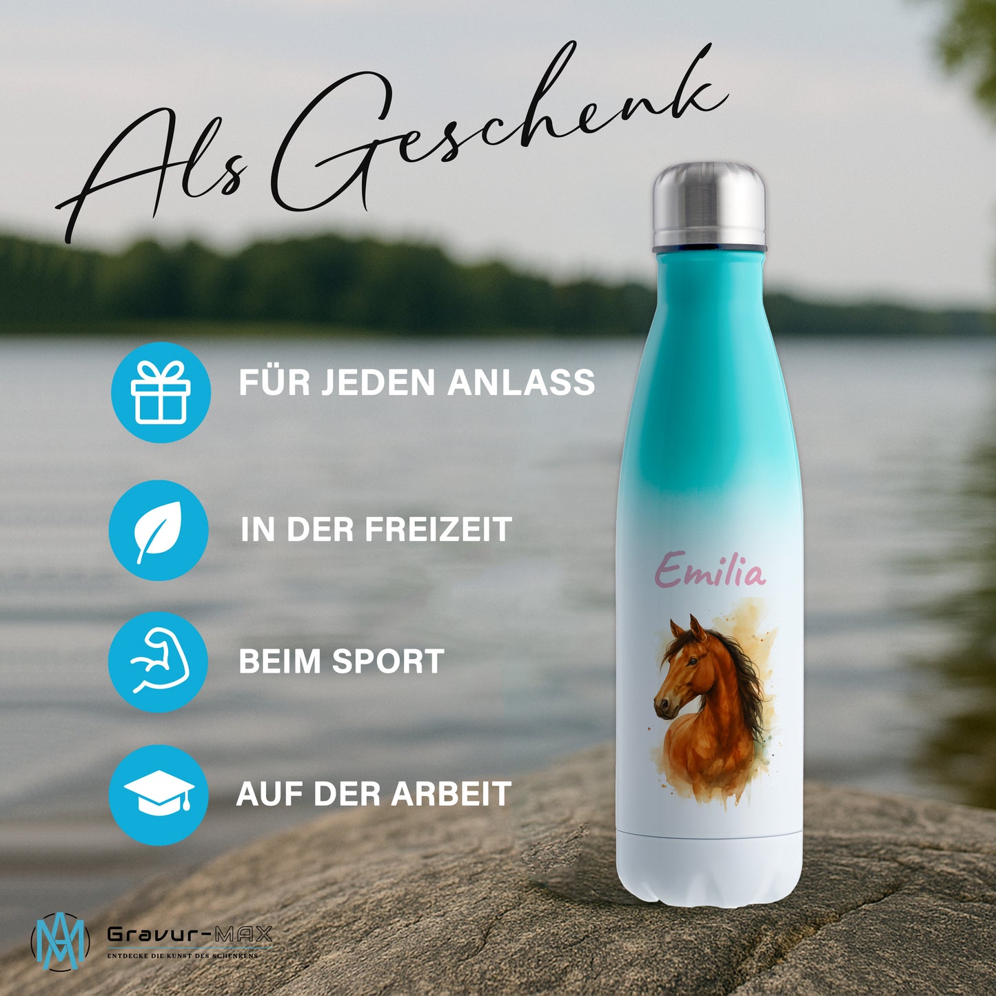 Thermoflasche 500ml in Weiß/Mint bedruckt mit tollen Motiven für Kinder "Pferd" personalisierbar mit Wunschname