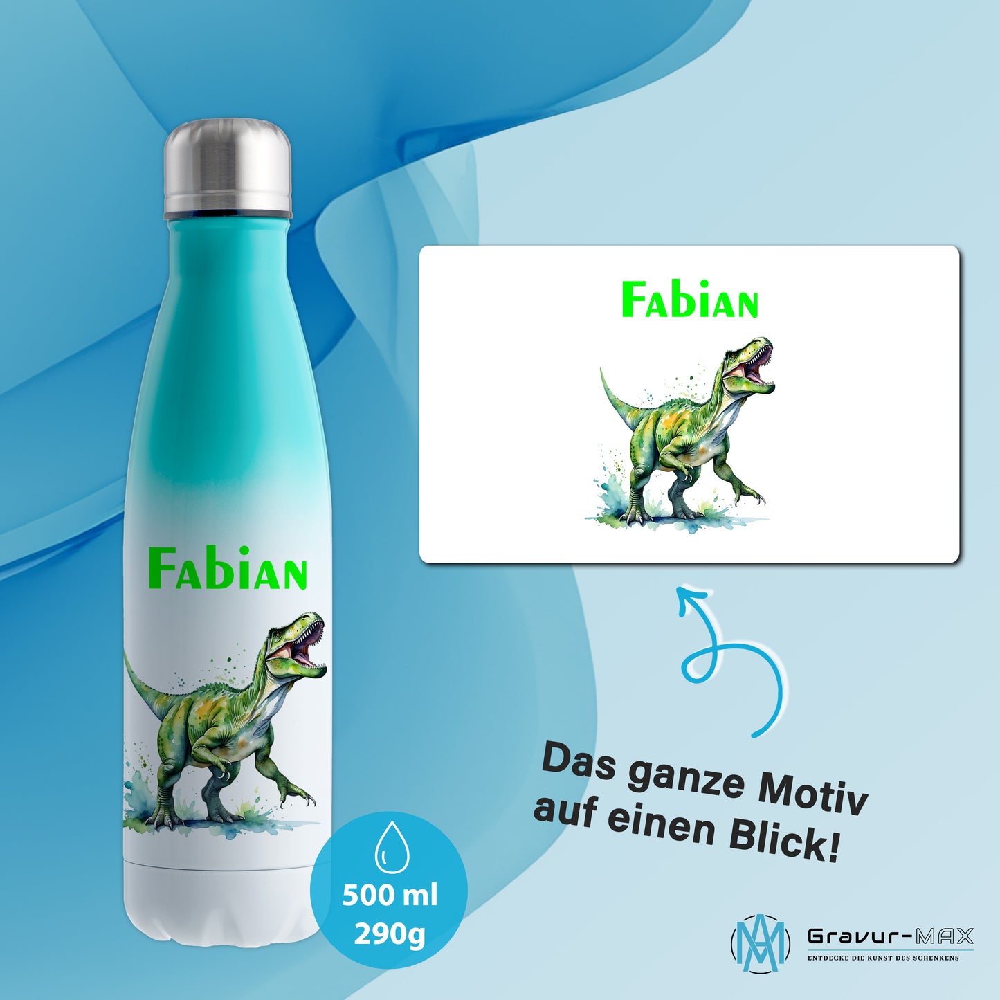 Thermoflasche 500ml in Weiß/Mint bedruckt mit tollen Motiven für Kinder "Dino T-Rex" personalisierbar mit Wunschname