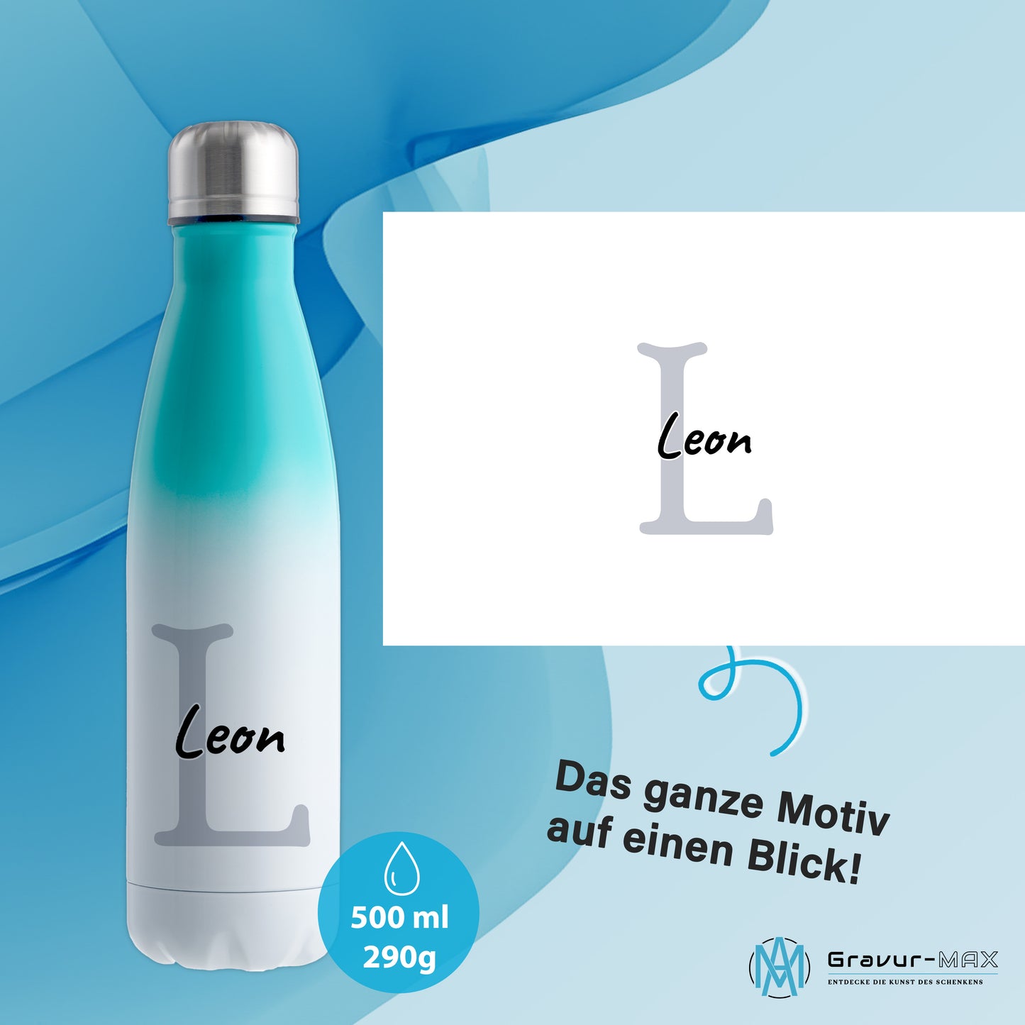 Thermoflasche 500ml aus Edelstahl in Weiß/Mint personalisierbar mit Wunschname auslaufsichere Trinkflasche