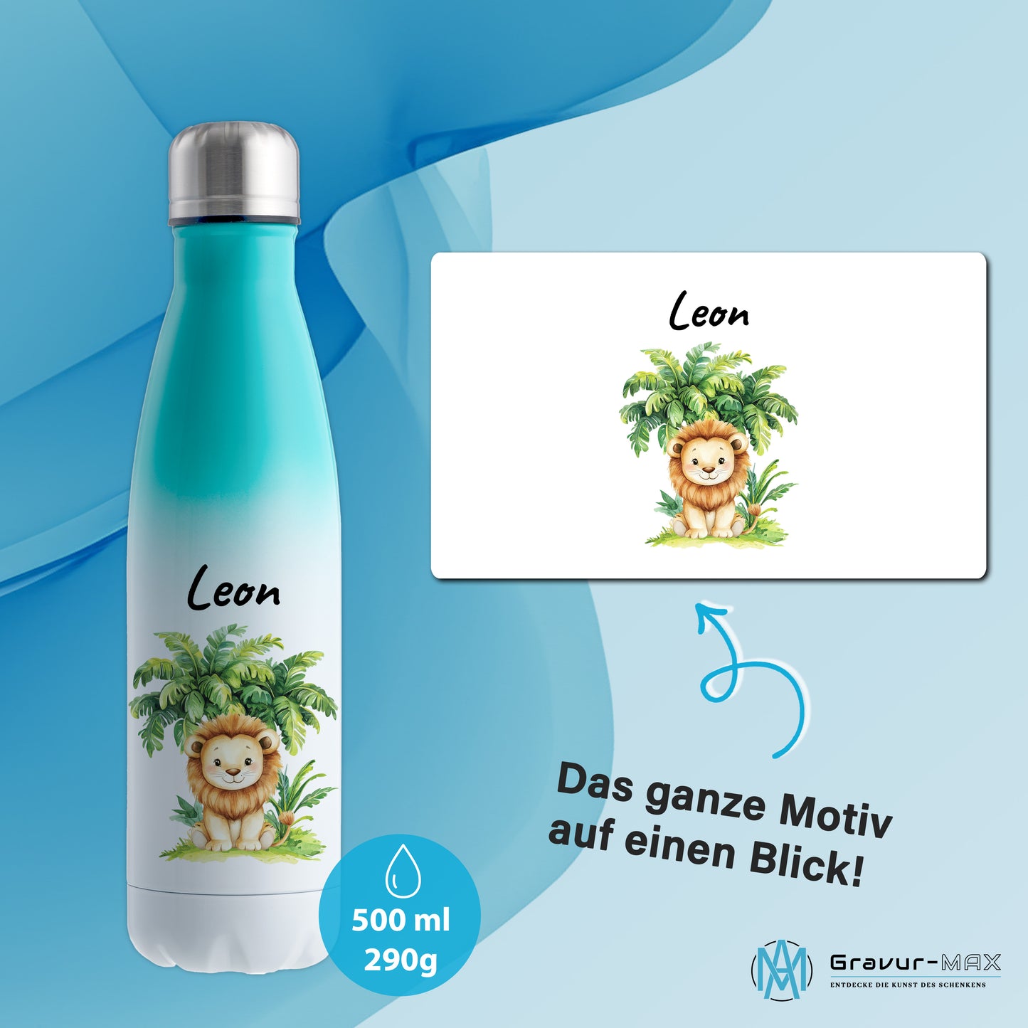 Trinkflasche mit Farbverlauf in Weiß/Mint 500ml aus Edelstahl bedruckt mit Dschungel Tieren"Löwe" personalisierbar für Kinder mit Wunschname