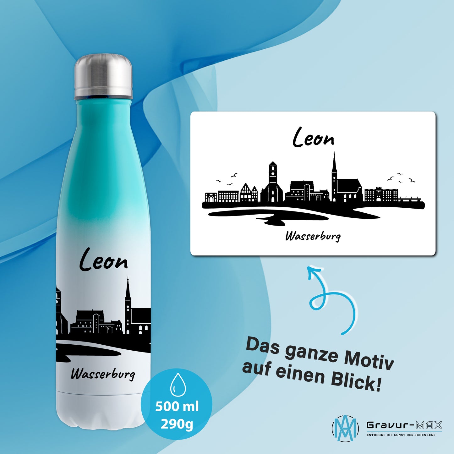Trinkflasche in Weiß/Mint 500ml aus Edelstahl bedruckt mit der Skyline von Wasserburg personalisierbar mit Wunschname