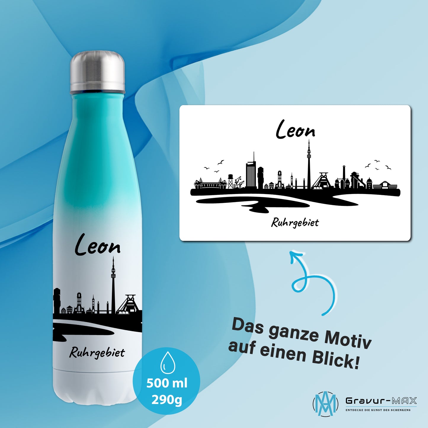 Trinkflasche in Weiß/Mint 500ml aus Edelstahl bedruckt mit der Skyline von Ruhrgebiet personalisierbar mit Wunschname