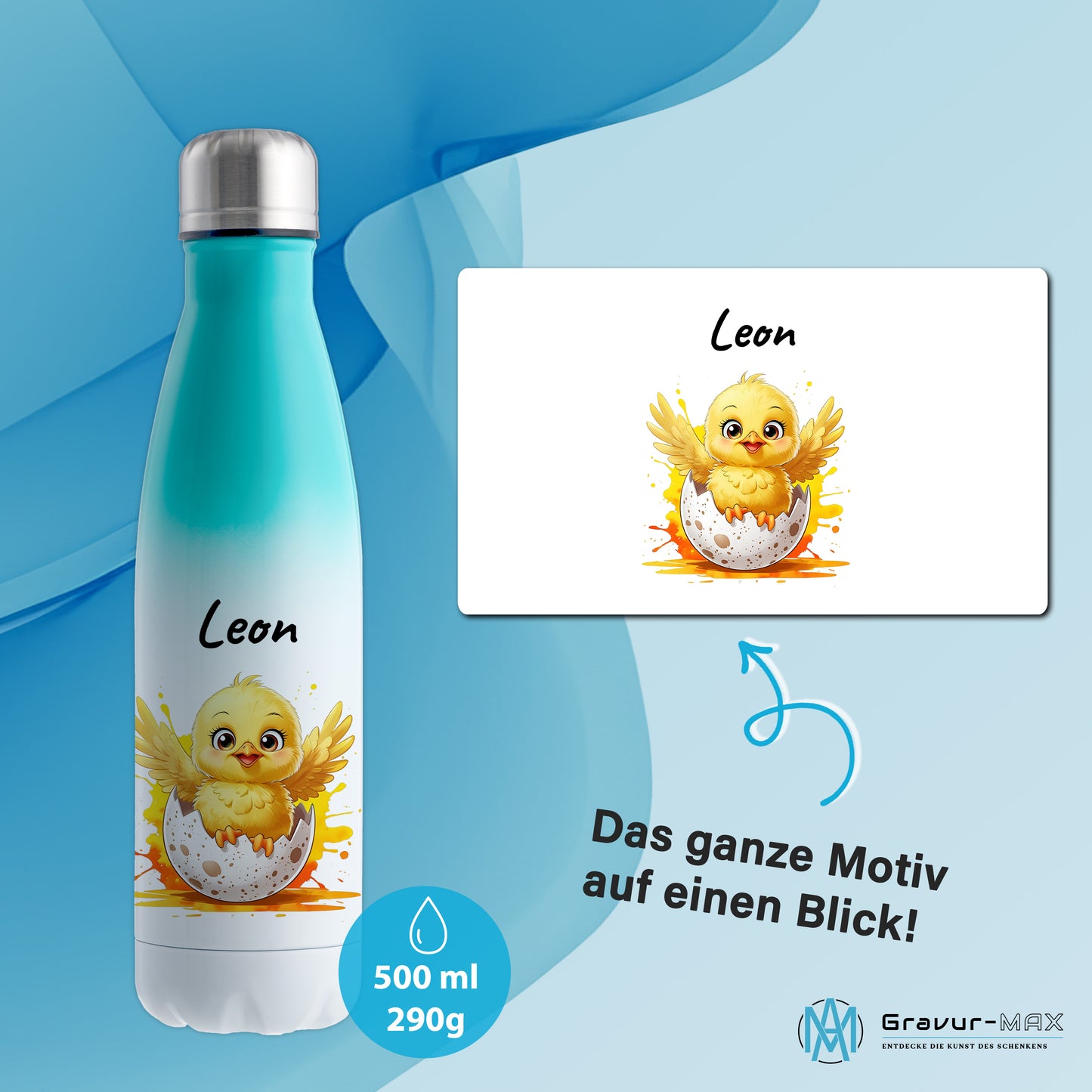 Trinkflasche in Weiß/Mint 500ml aus Edelstahl bedruckt mit niedlichen Tieren "Küken" personalisierbar für Kinder mit Wunschname