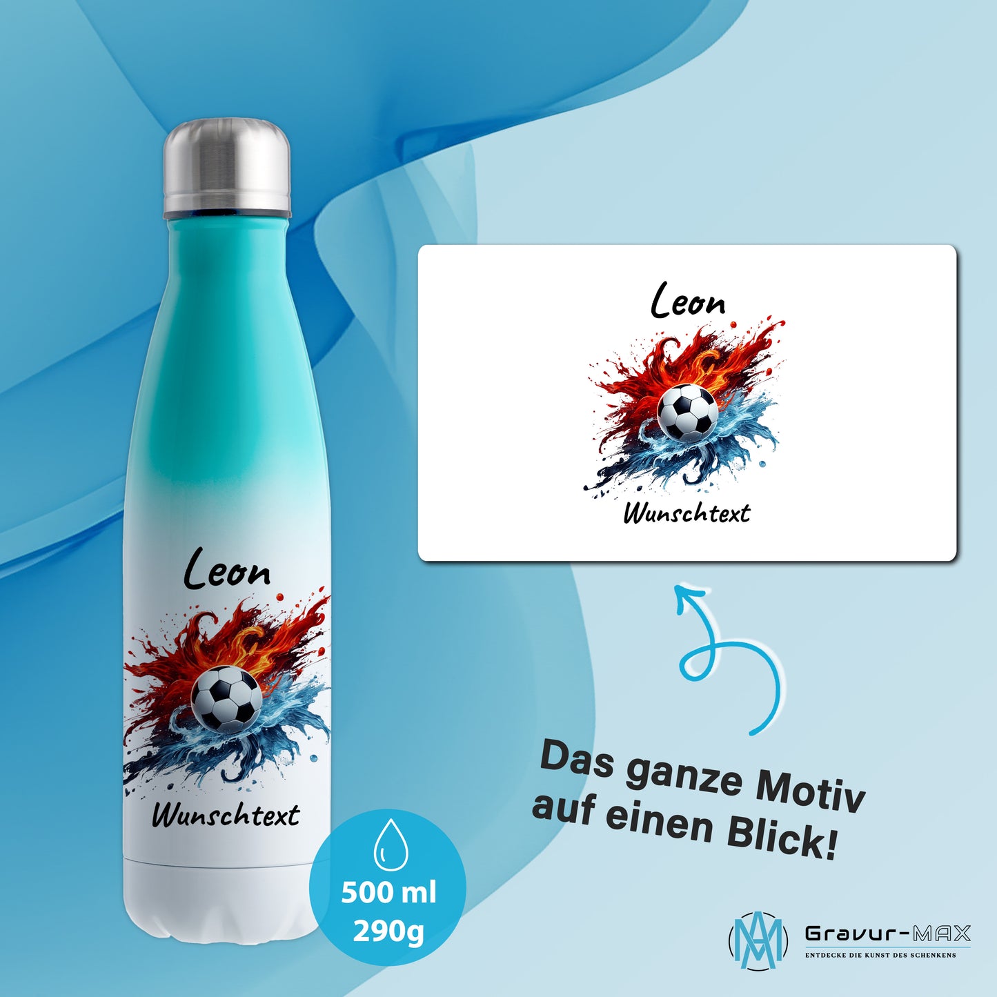 Thermoflasche 500ml in Weiß/Mint aus Edelstahl bedruckt "Fußball" Motiv12 personalisierbar mit Wunschname & Text