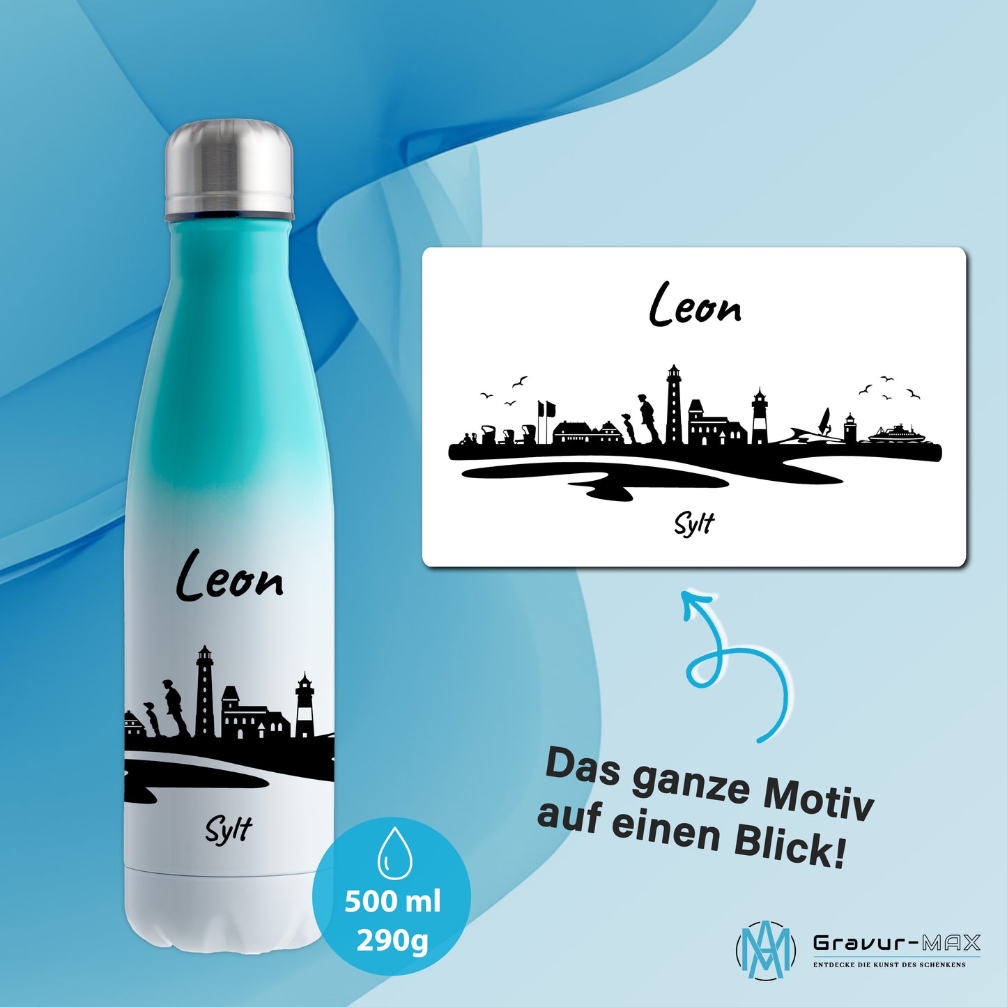 Trinkflasche in Weiß/Mint 500ml aus Edelstahl bedruckt mit der Skyline von Sylt personalisierbar mit Wunschname