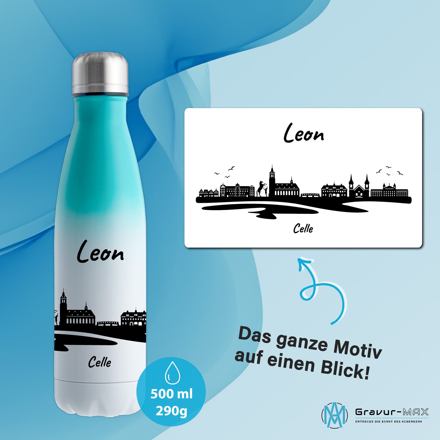 Trinkflasche in Weiß/Mint 500ml aus Edelstahl bedruckt mit der Skyline von Celle personalisierbar mit Wunschname
