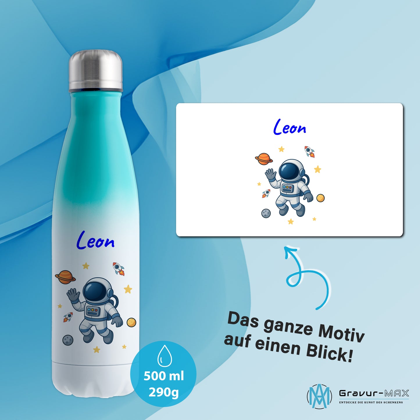 Thermoflasche 500ml in Weiß/Mint bedruckt mit tollen Motiven für Kinder "Astronaut" personalisierbar mit Wunschname