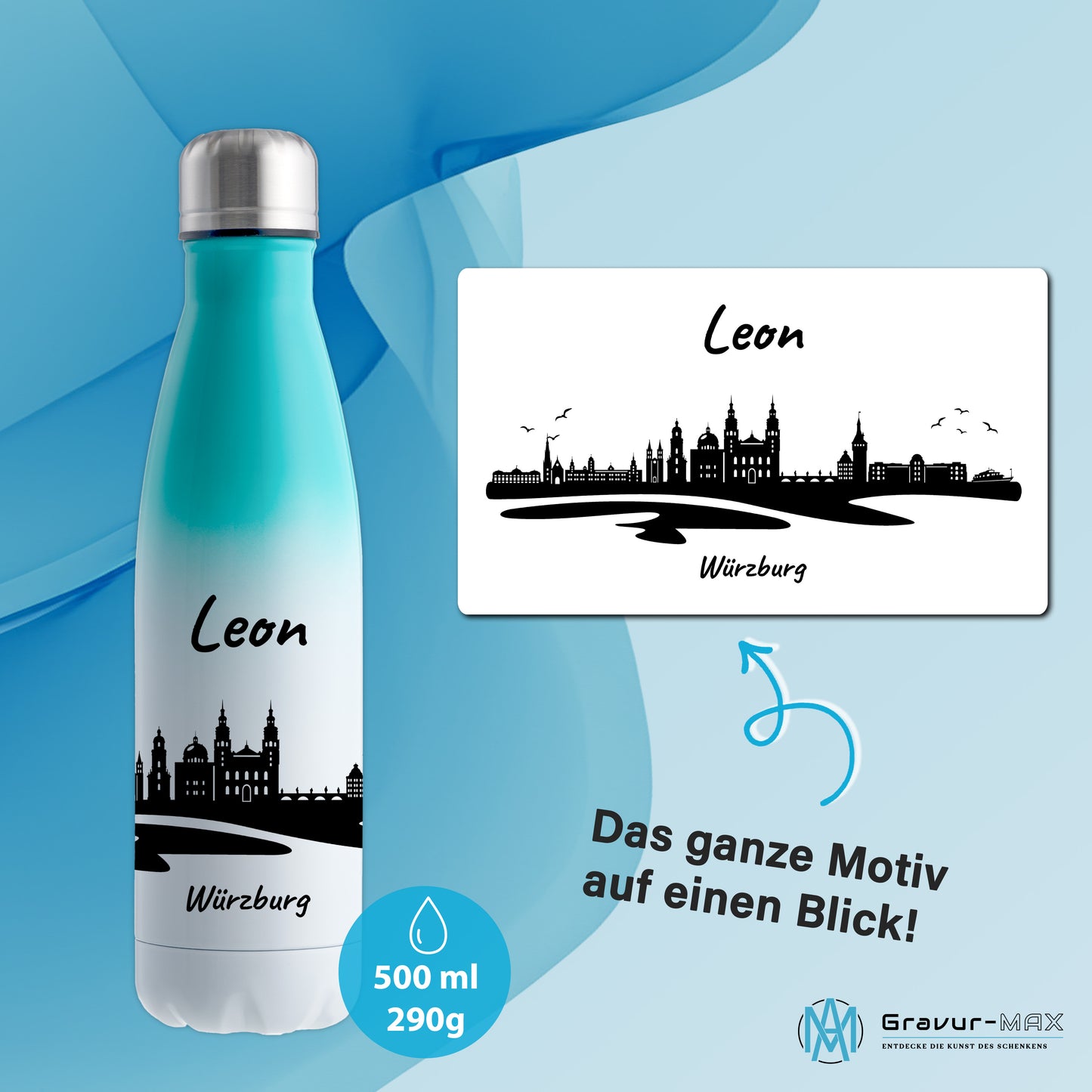 Trinkflasche in Weiß/Mint 500ml aus Edelstahl bedruckt mit der Skyline von Würzburg personalisierbar mit Wunschname