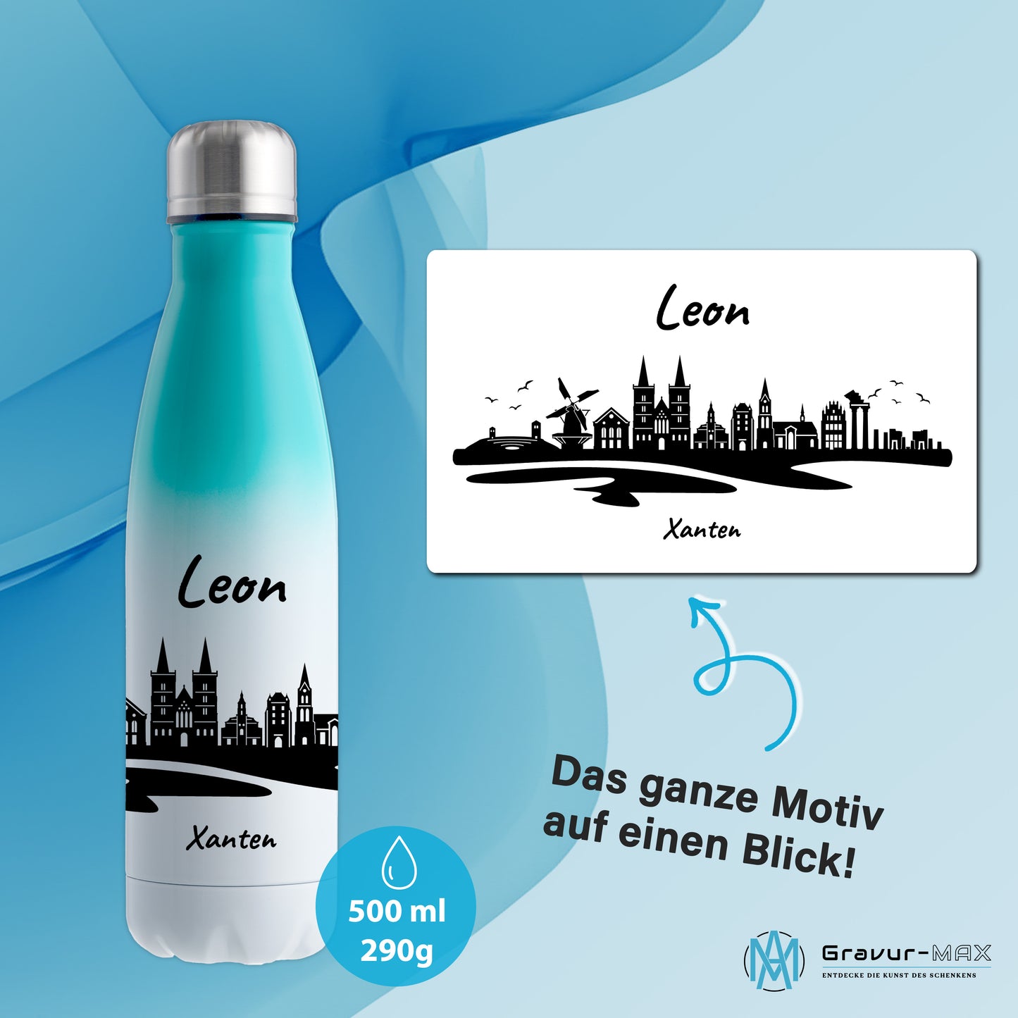 Trinkflasche in Weiß/Mint 500ml aus Edelstahl bedruckt mit der Skyline von Xanten personalisierbar mit Wunschname