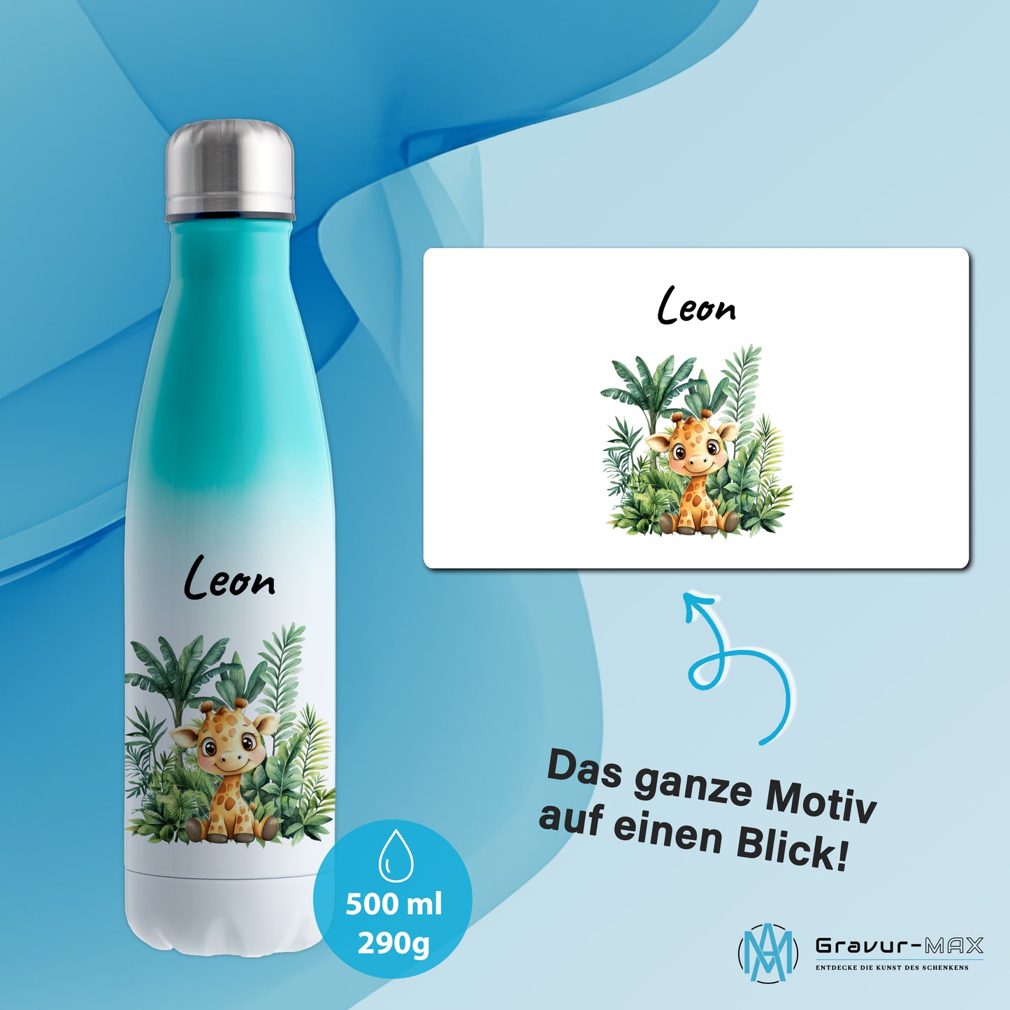 Trinkflasche mit Farbverlauf in Weiß/Mint 500ml aus Edelstahl bedruckt mit Dschungel Tieren"Giraffe" personalisierbar für Kinder mit Wunschname