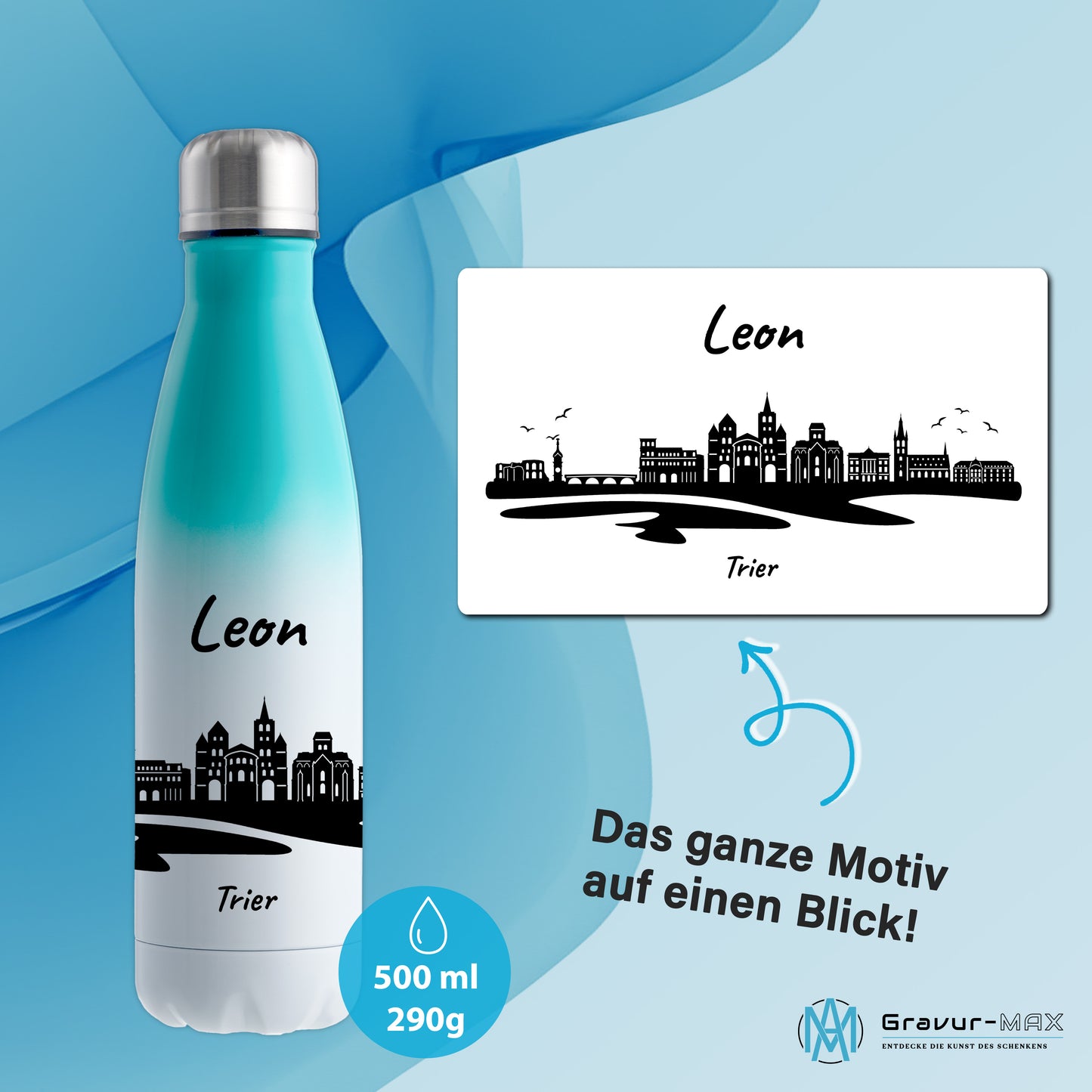 Trinkflasche in Weiß/Mint 500ml aus Edelstahl bedruckt mit der Skyline von Trier personalisierbar mit Wunschname