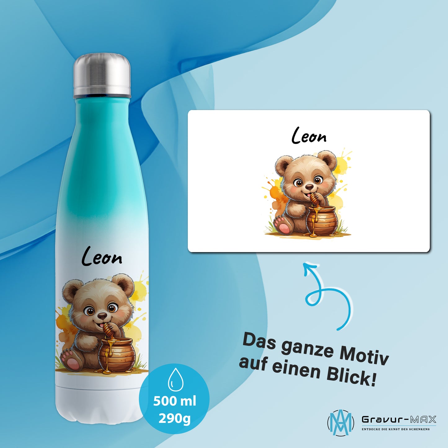 Trinkflasche in Weiß/Mint 500ml aus Edelstahl bedruckt mit niedlichen Tieren "Bär" personalisierbar für Kinder mit Wunschname