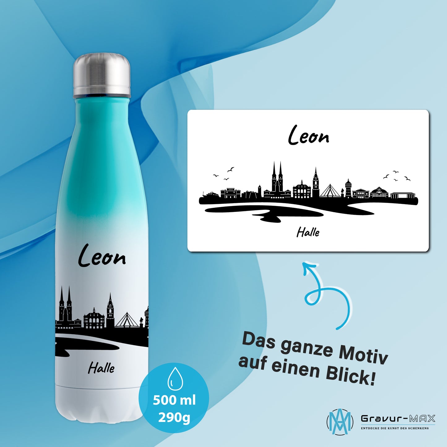 Trinkflasche in Weiß/Mint 500ml aus Edelstahl bedruckt mit der Skyline von Halle personalisierbar mit Wunschname