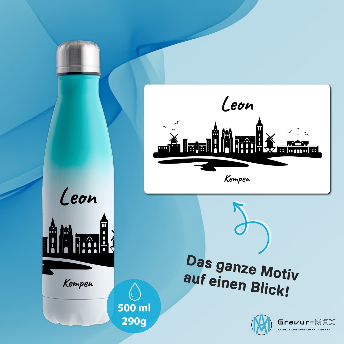 Trinkflasche in Weiß/Mint 500ml aus Edelstahl bedruckt mit der Skyline von Kempen personalisierbar mit Wunschname