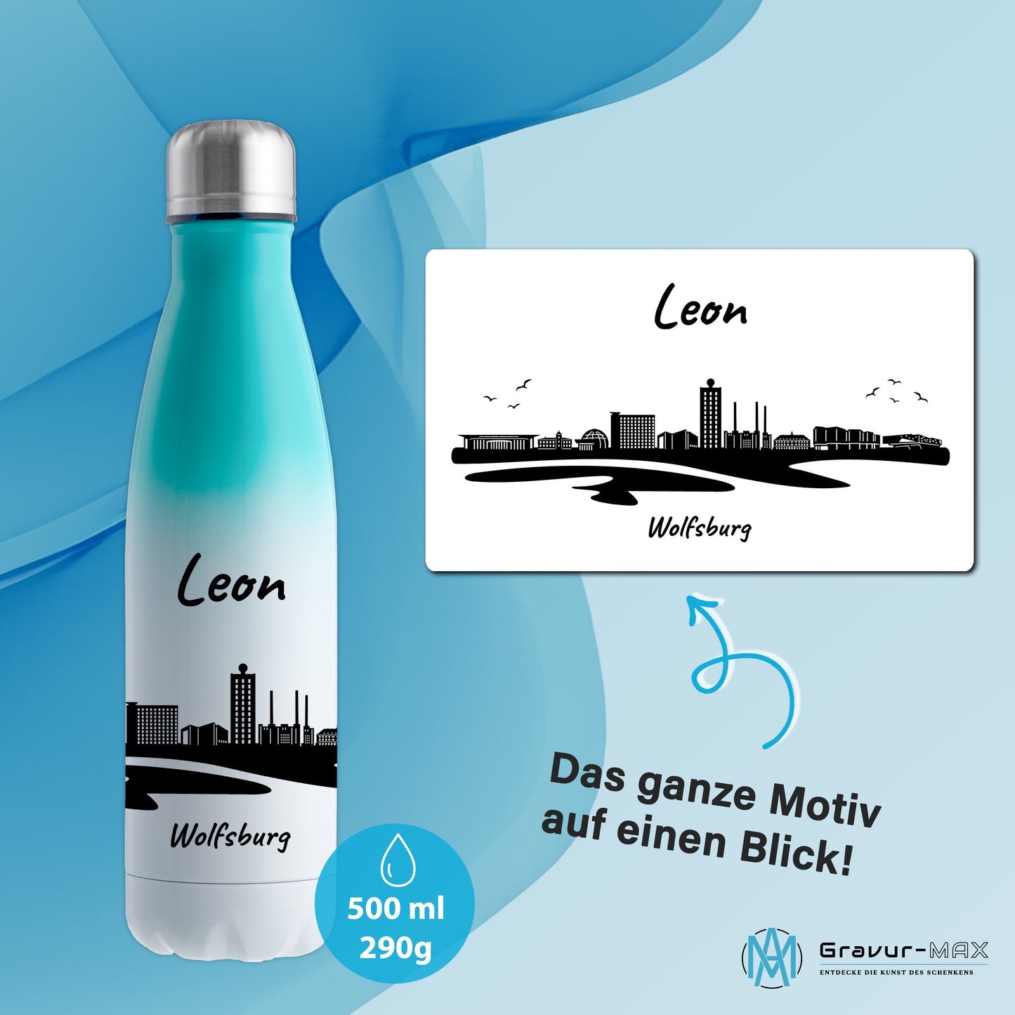 Trinkflasche in Weiß/Mint 500ml aus Edelstahl bedruckt mit der Skyline von Wolfsburg personalisierbar mit Wunschname