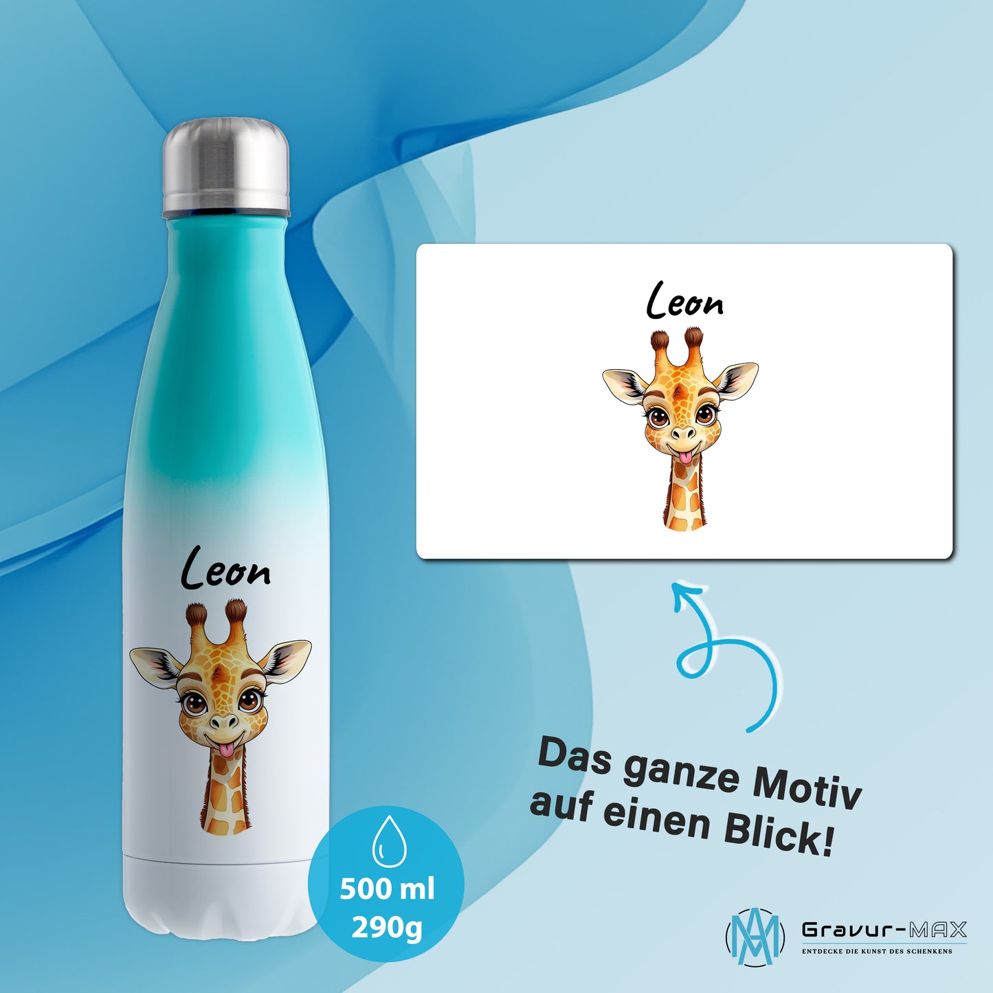 Trinkflasche in Weiß/Mint 500ml aus Edelstahl bedruckt mit niedlichen Tieren "Giraffe" personalisierbar für Kinder mit Wunschname