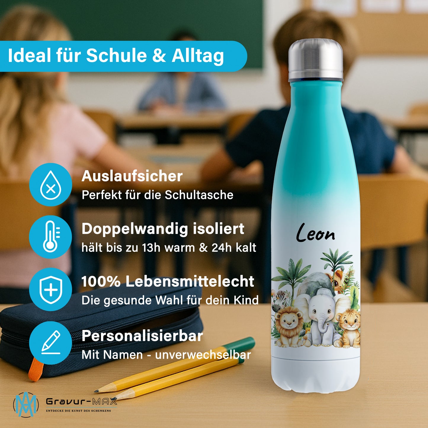 Trinkflasche mit Farbverlauf in Weiß/Mint 500ml aus Edelstahl bedruckt mit Dschungel Tieren"Dschungel Tiere" personalisierbar für Kinder mit Wunschname
