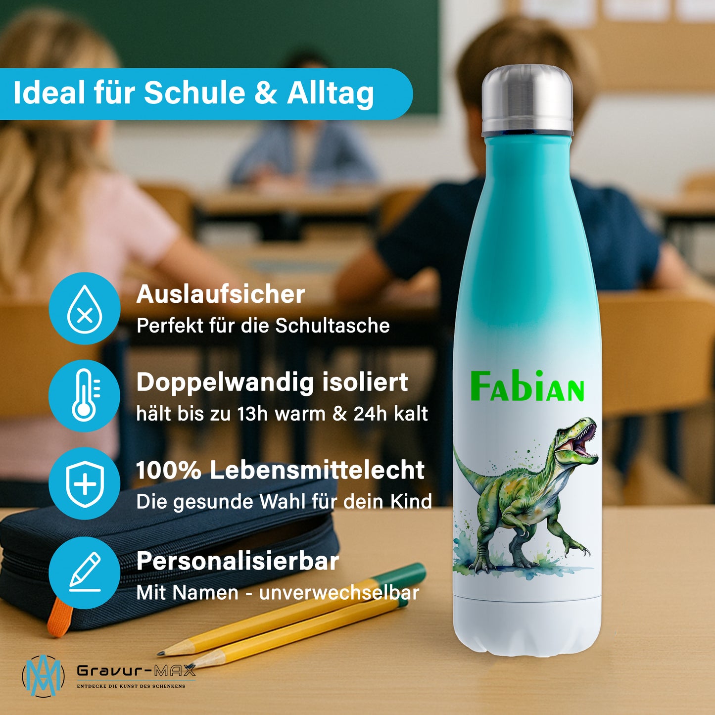 Thermoflasche 500ml in Weiß/Mint bedruckt mit tollen Motiven für Kinder "Dino T-Rex" personalisierbar mit Wunschname