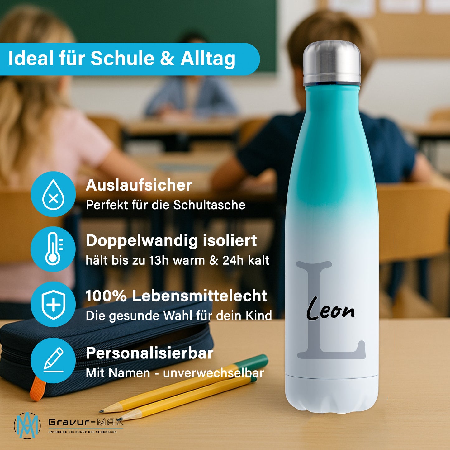Thermoflasche 500ml aus Edelstahl in Weiß/Mint personalisierbar mit Wunschname auslaufsichere Trinkflasche