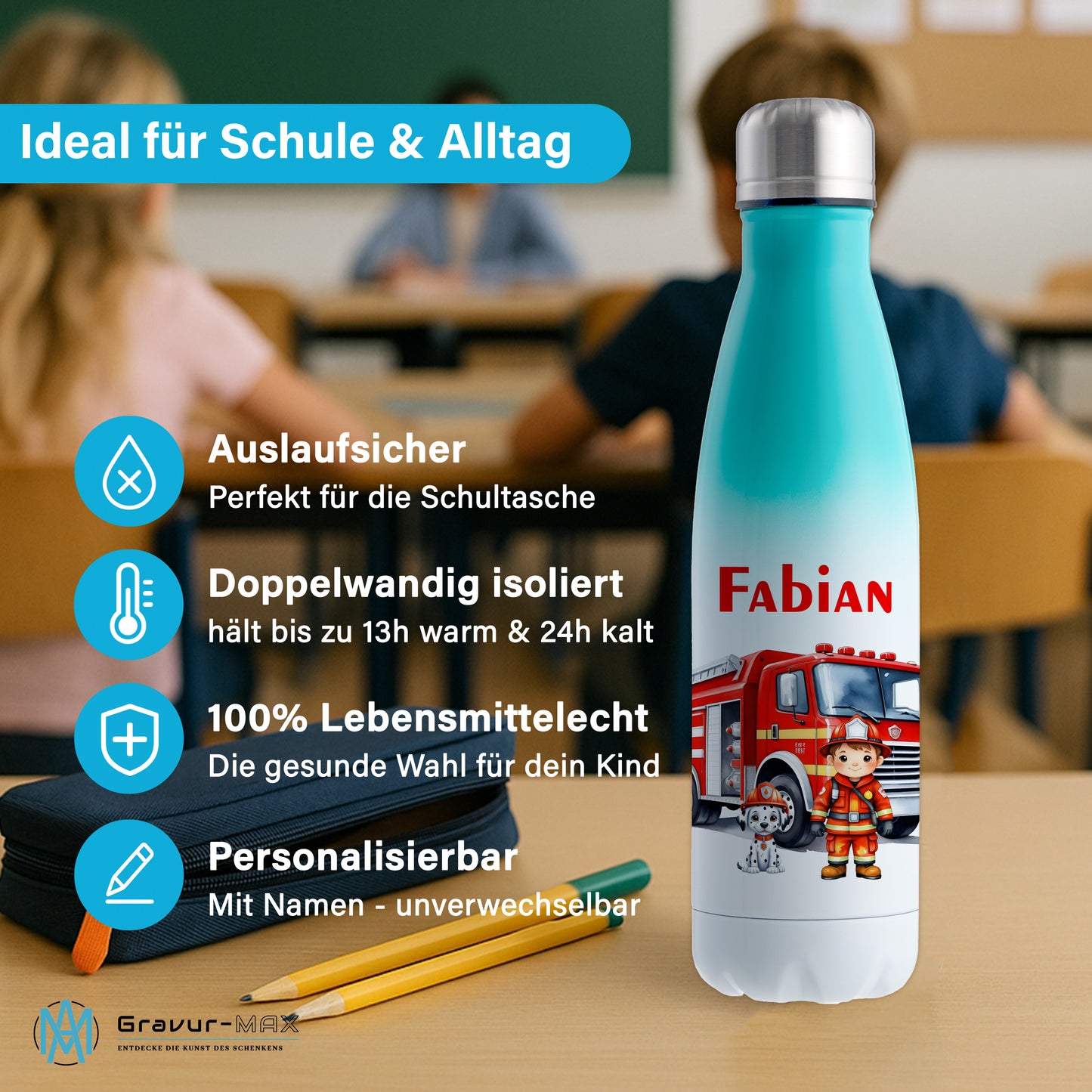 Thermoflasche 500ml in Weiß/Mint bedruckt mit tollen Motiven für Kinder "Feuerwehr" personalisierbar mit Wunschname
