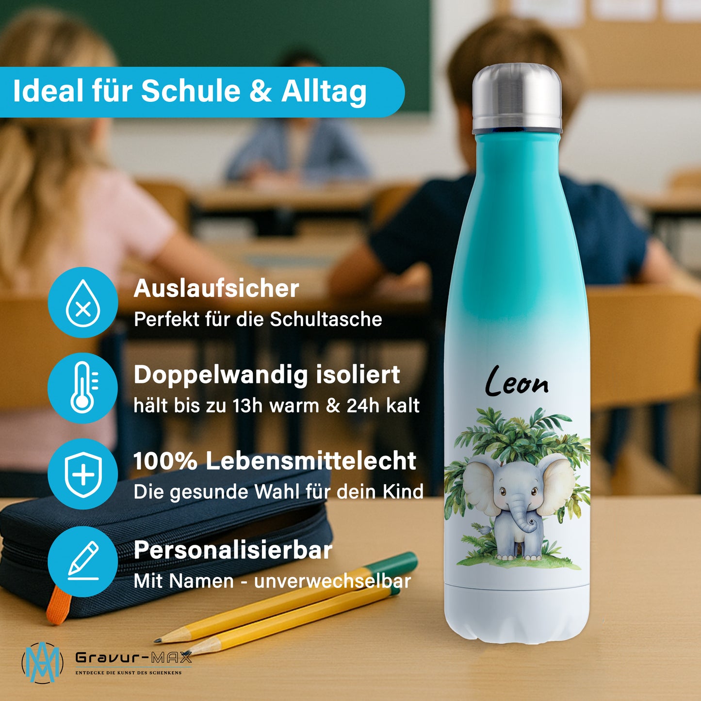 Trinkflasche mit Farbverlauf in Weiß/Mint 500ml aus Edelstahl bedruckt mit Dschungel Tieren"Elefant" personalisierbar für Kinder mit Wunschname