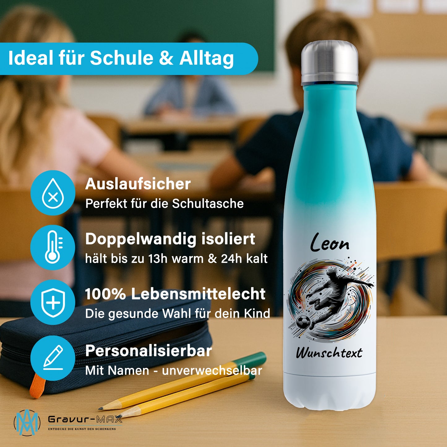 Thermoflasche 500ml in Weiß/Mint aus Edelstahl bedruckt "Fußball" Motiv1 personalisierbar mit Wunschname & Text